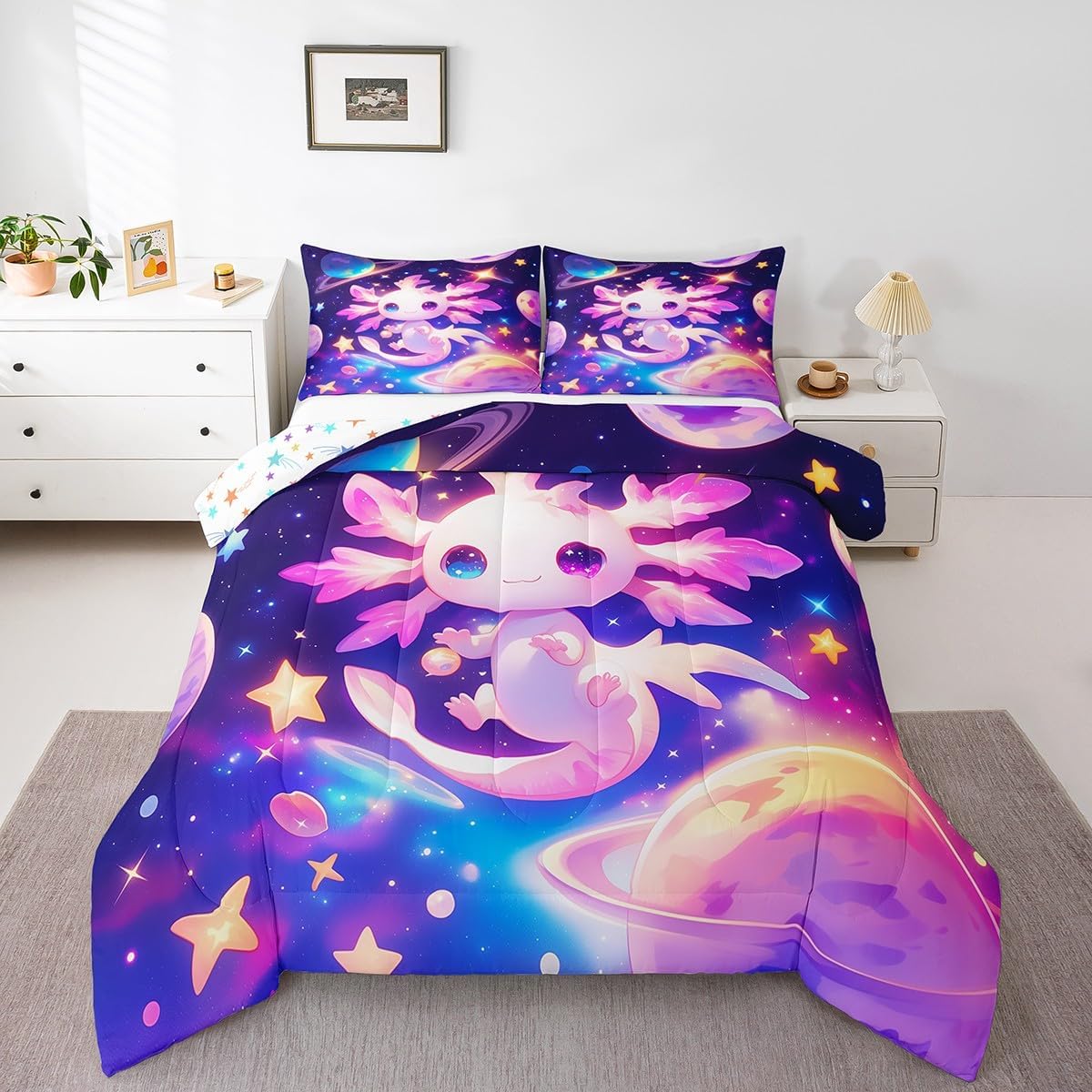 Erosebridal Axolotl Quilt Twin Size for Kids Boys Girls,Galaxy Planet Space Bedding Set Cartoon Animal Comforter Set Purple Dreamy Starry Bedding Comforter Sets - Image 3