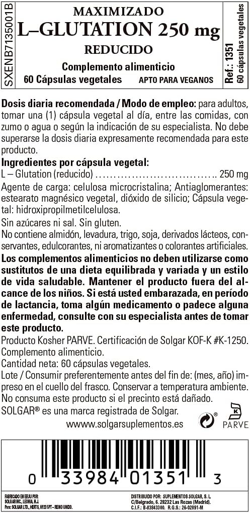 Solgar Reduced L-Glutathione 250 mg, 60 Vegetable Capsules - Antioxidant Support - Free Form Amino Acids - Non-GMO, Vegan, Gluten Free, Dairy Free, Kosher - 60 Servings