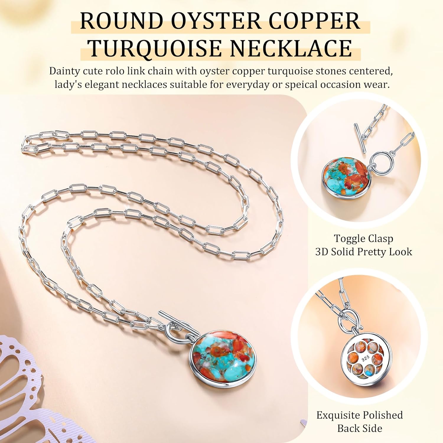 AIBAO Natural Turquoise/Coral/Lapis Lazuli/Malachite Necklaces for Women Sterling Silver Gemstone Toggle Necklace Western Boho Jewelry - Image 5