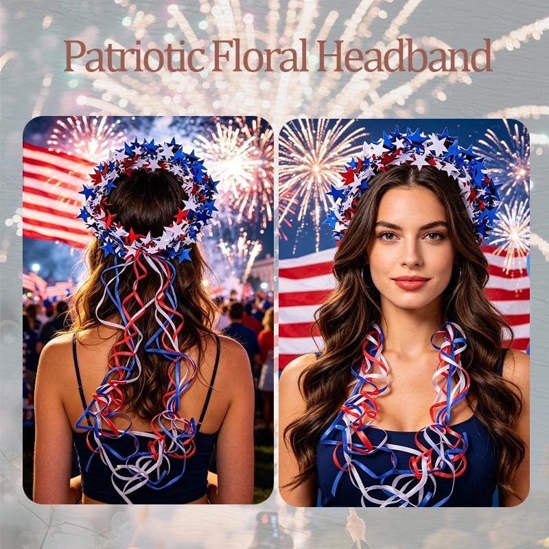 4th of July Headband for Women Girls Red White and Blue Wreath Star Hair Accessories Independence Day Tinsel Hairband Foil Tinsel Crown Headband Patriotic Star Headdress Memorial Day Party Supplies image 5