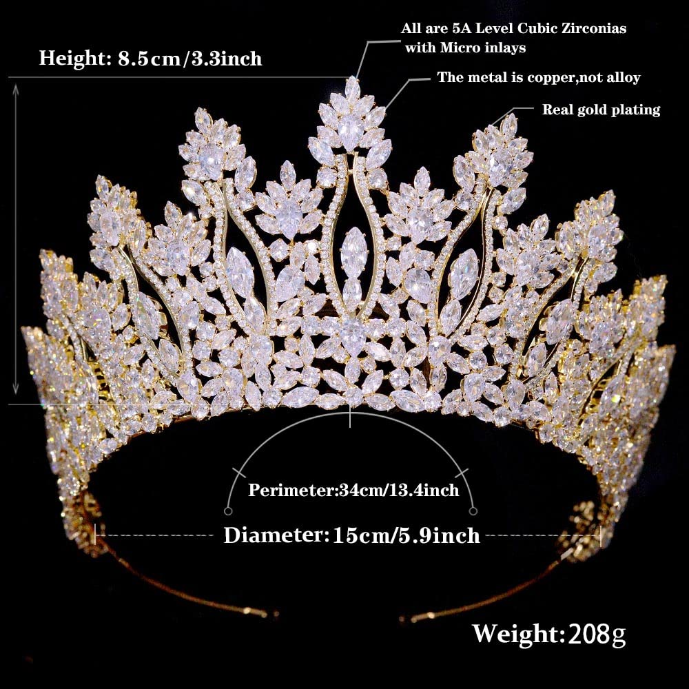 Luxury Tall Pageant Queen Crowns for Women Coronas Para 15 Anos Quinceaneras Large Cubic Zirconia Wedding Tiaras Big Bridal Hair Accessories Gift Gold