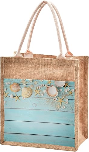 CaTaKu Bolsa de yute de madera marina con asas y cremallera, bolsa de arpillera reutilizable para compras con bolsillo frontal de lona para viajes,