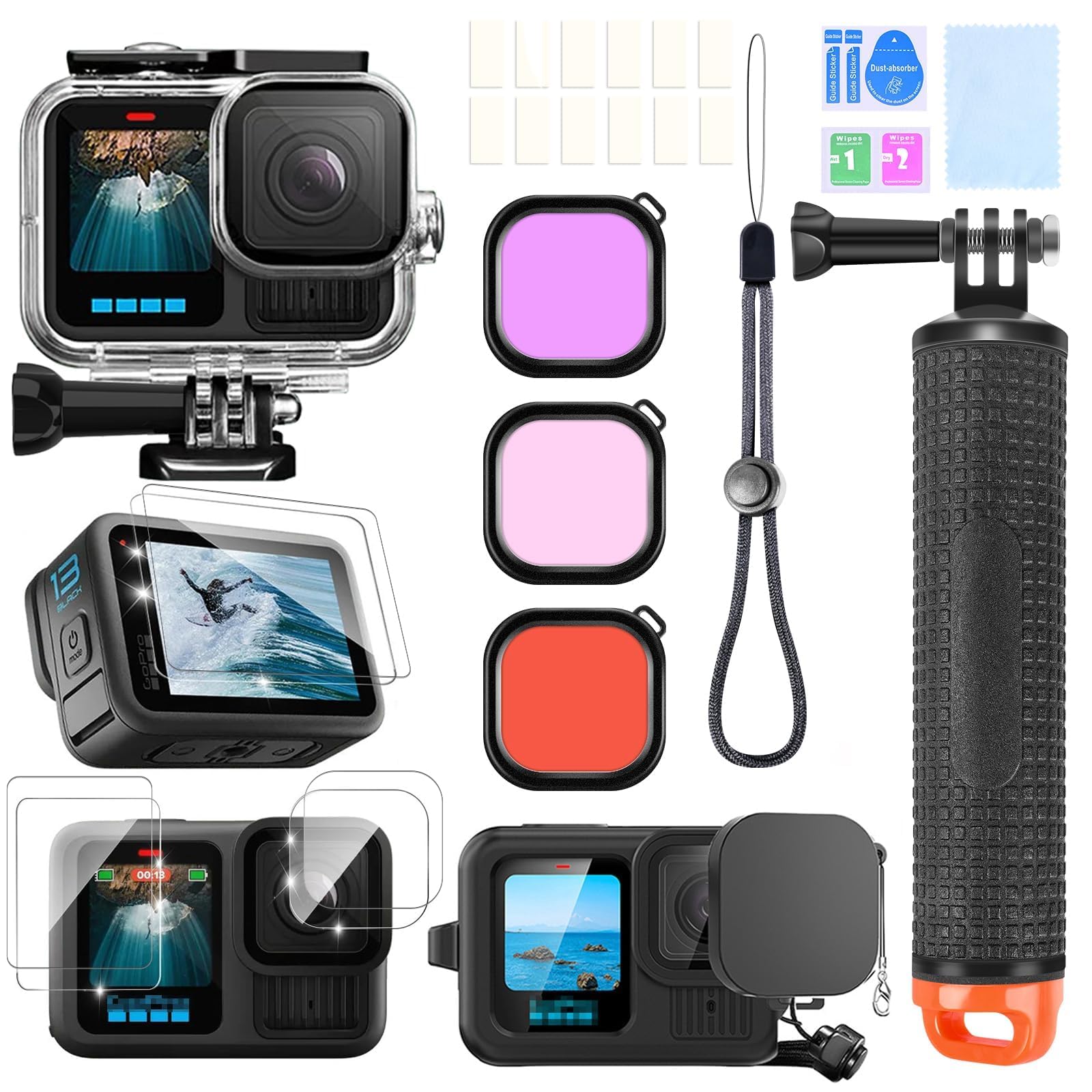 Zubehöre Kit für Gopro Hero 13 Wasserdicht Tauchgehäuse Unterwasser Schwimmender Handgriff 2X Glasfolien Displayschutz Rotfilter Silikon Schutzhülle mit Objektivabdeckung Anti-Fog-Einsätze