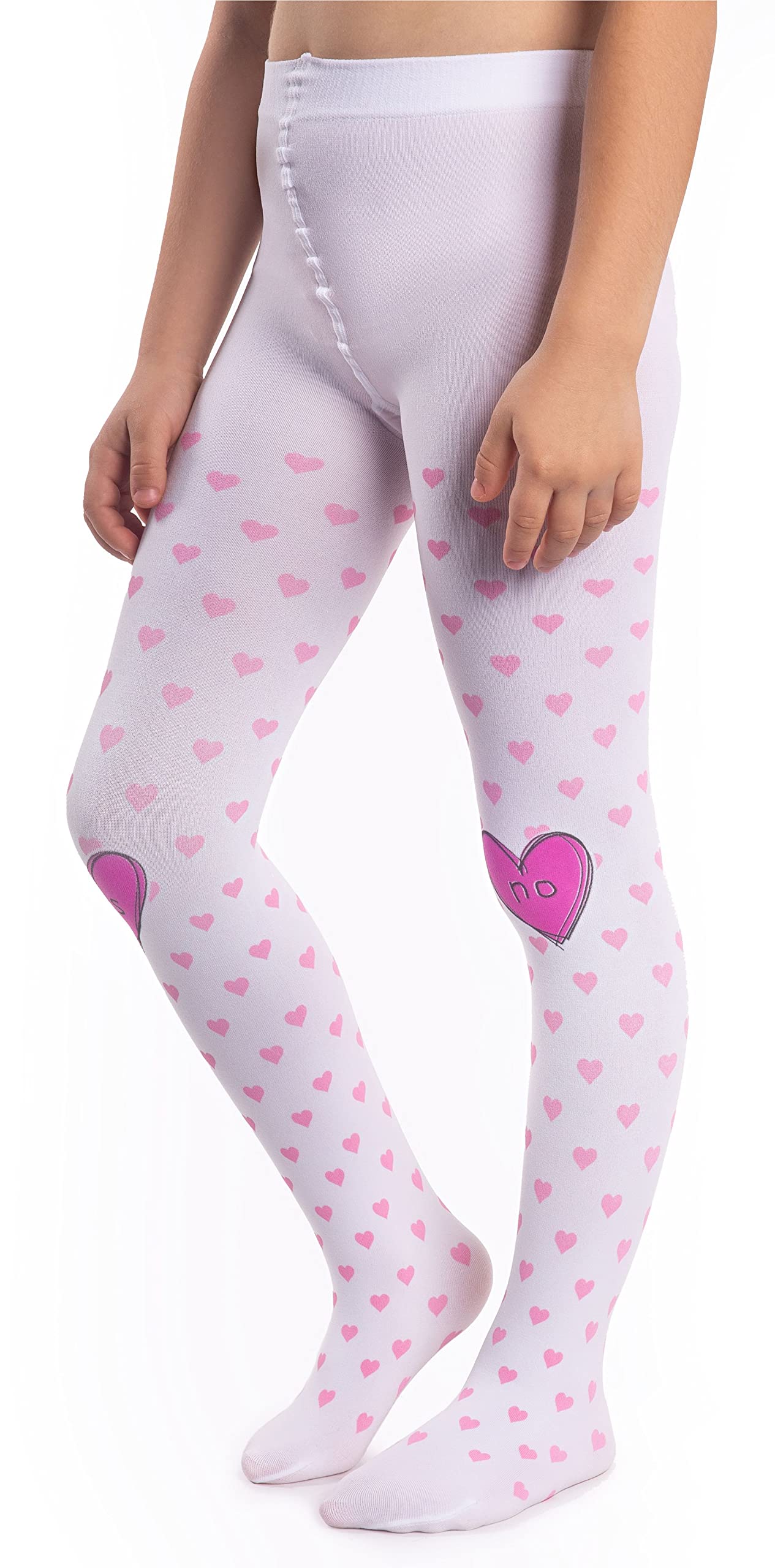 Noq Girls Bianco Opaque Tights Hearts Yes/No 120 Den Dance Gymnastic School Fancy Pantyhose Nursery, 7/8 Years