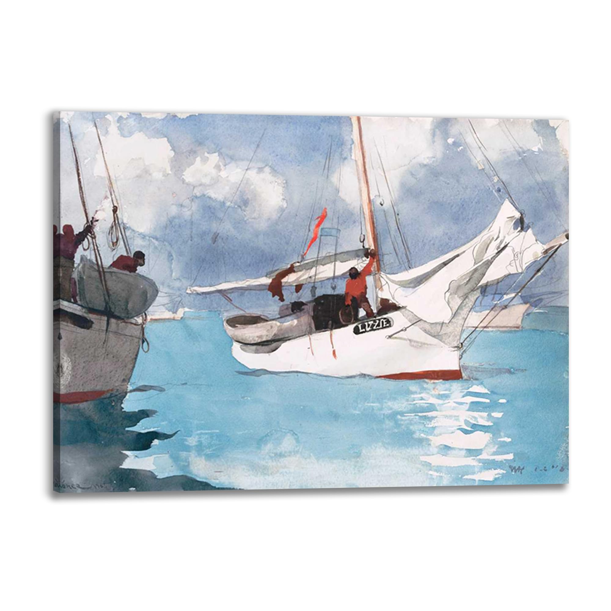 Toile Winslow Homer Fishing Boats avec cadre bois 80x60 cm pour decoration murale marine