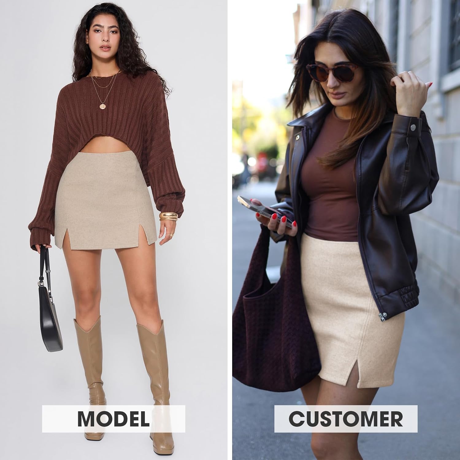 EXLURA Women's Fashion Faux Wool Mini Skirt High Waisted Y2K Trendy Side Slit Tweed Plaid Skirts 2025 Fall Winter Outfits - Image 2