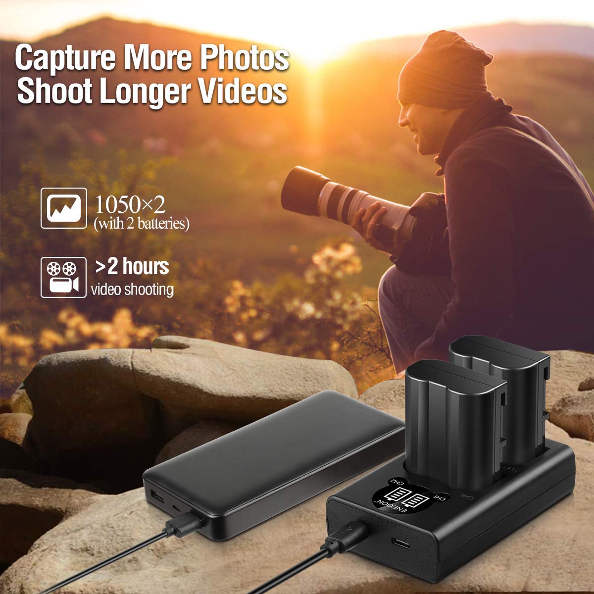 ENEGON EN-EL15 /EL15C Akku (2 Stück) und Smart LED Dual USB Ladegerät für Nikon ZF Z6,Z7 Z8 D7500 D7000, D7100, D7200 D500, D600, D610, D750,D780 D800, D810, D800E, D810A,D850