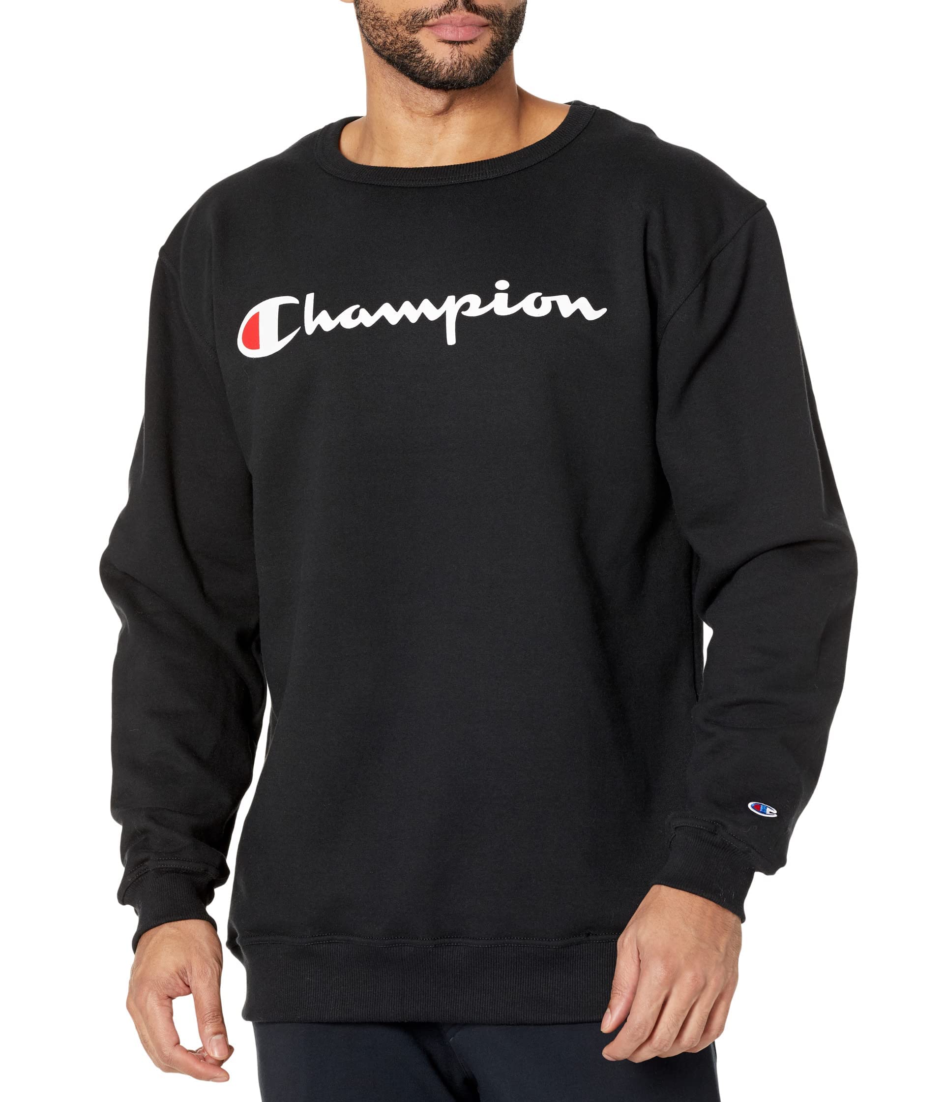 Champion Men's Sweatshirt, Fleece Midweight Crewneck Sweatshirt (Reg. Or Big & Tall), Black - Classic Script Logo, 4XL Big