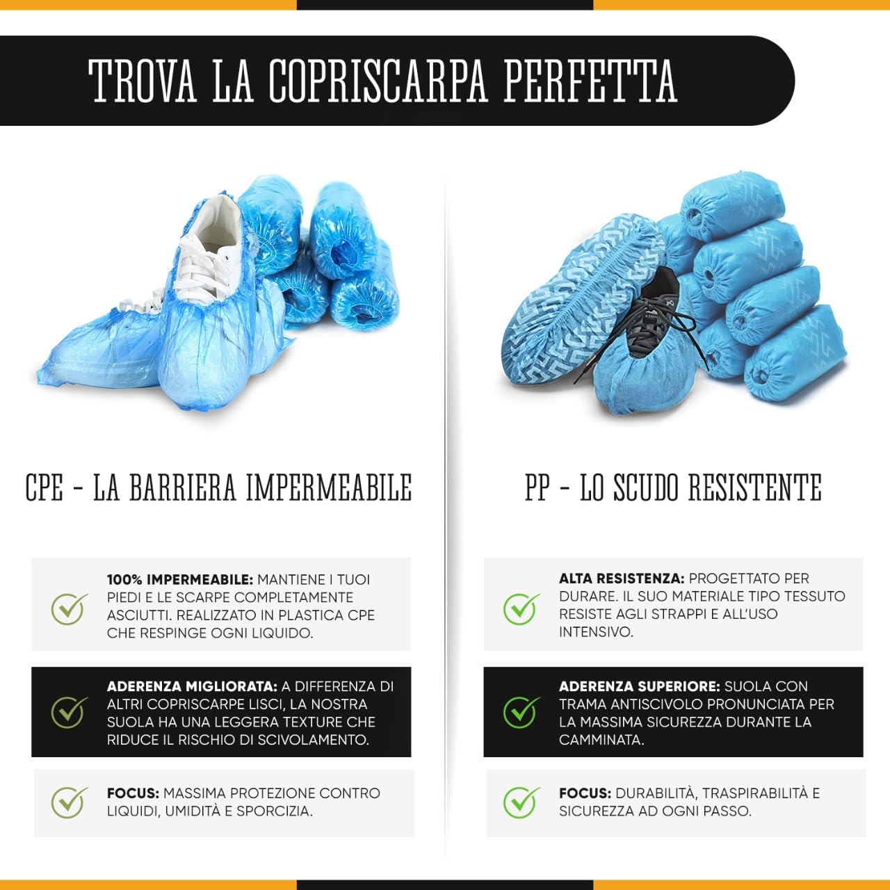 Copriscarpe Monouso PP 100 Pezzi Antiscivolo, Copri Scarpe Usa e Getta per Casa Laboratorio Cliniche Ospedali