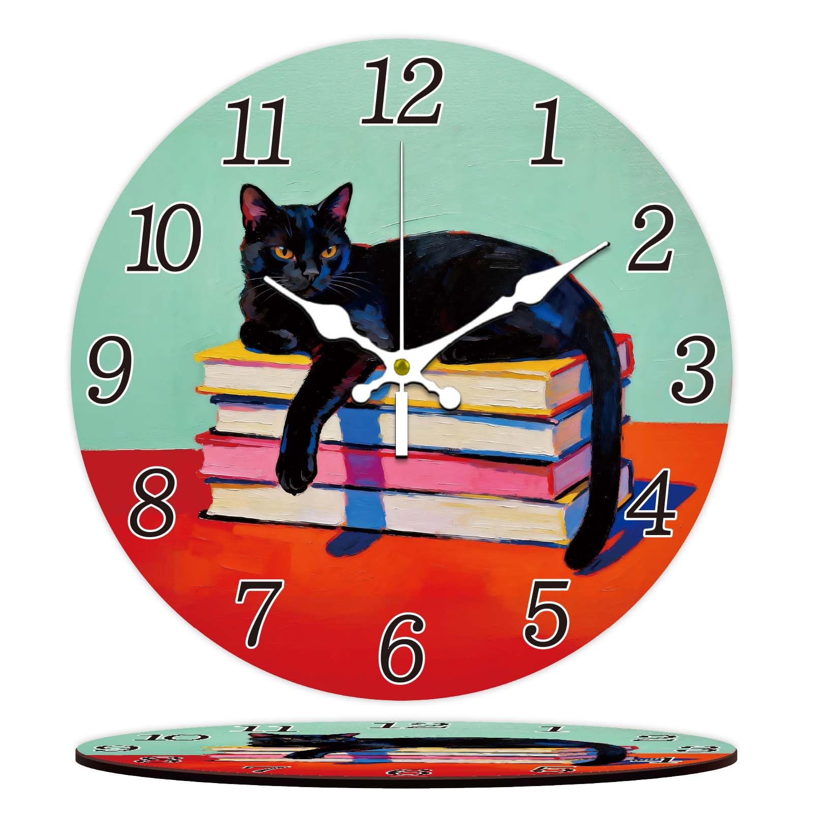 CONCHLERY Wall Clock Book Cat 12 Inch