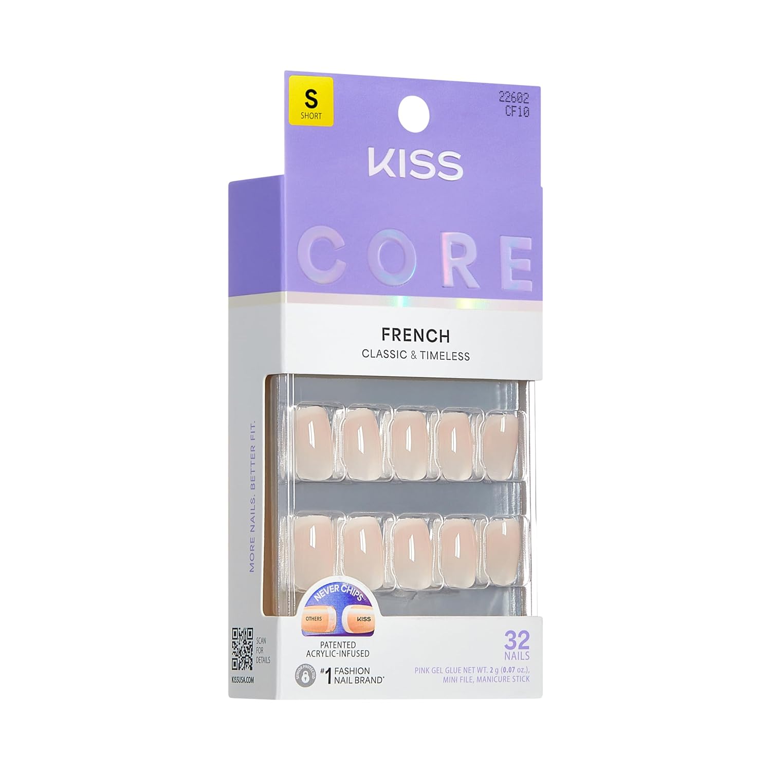 KISS CORE, Press On Nails, Nail glue included, 'My Darling', Pink, Short Size, Squoval Shape, Includes 32 Nails, 2g Glue, 1 Manicure Stick, 1 Mini File (Pack of 2)