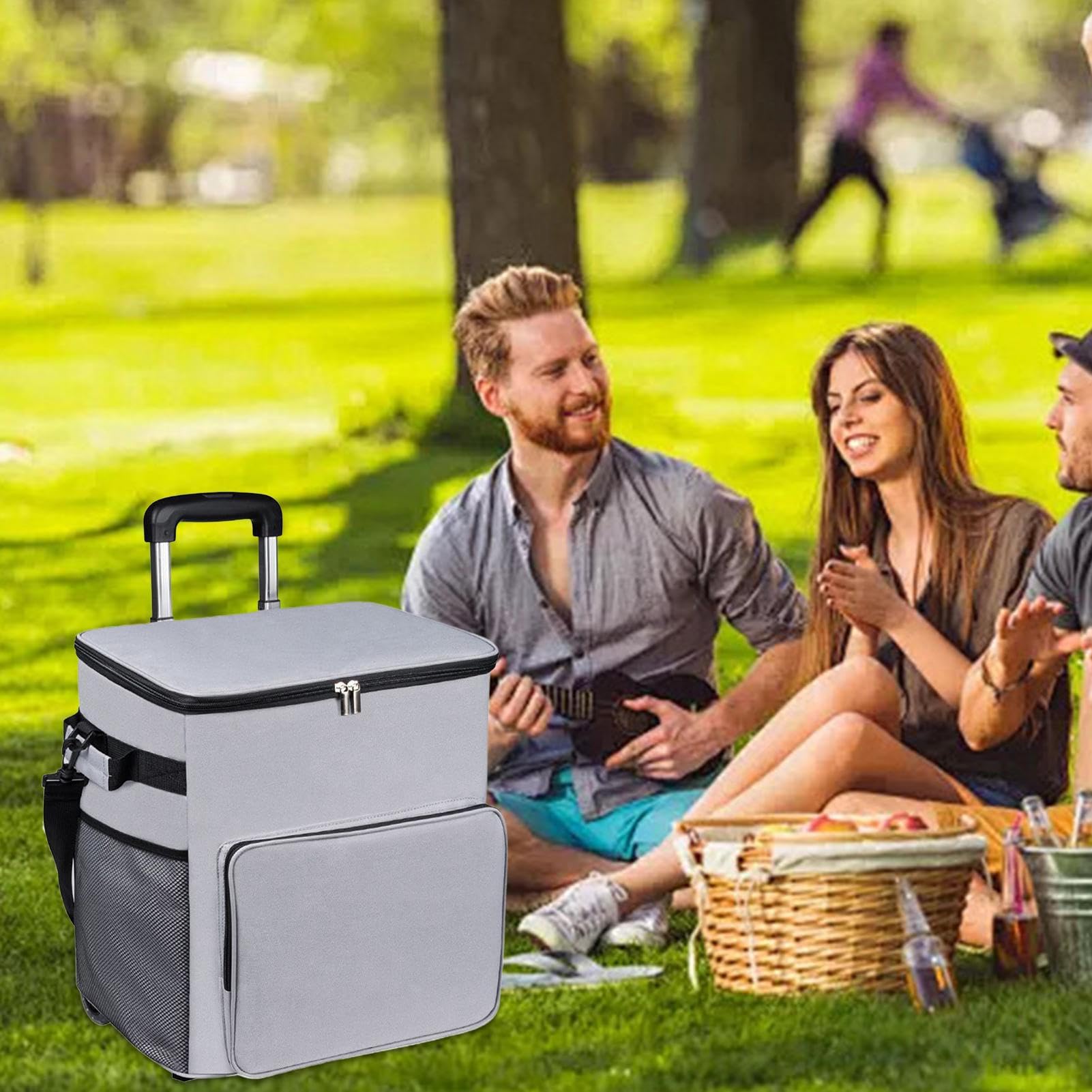 Borsa frigo con ruote, isolata da 35 l, a prova di perdite, con manico telescopico, perfetta per esterni, spiaggia, campeggio, patio, picnic, viaggi, 90 x 33 x 28 cm, blu navy, nero, grigio