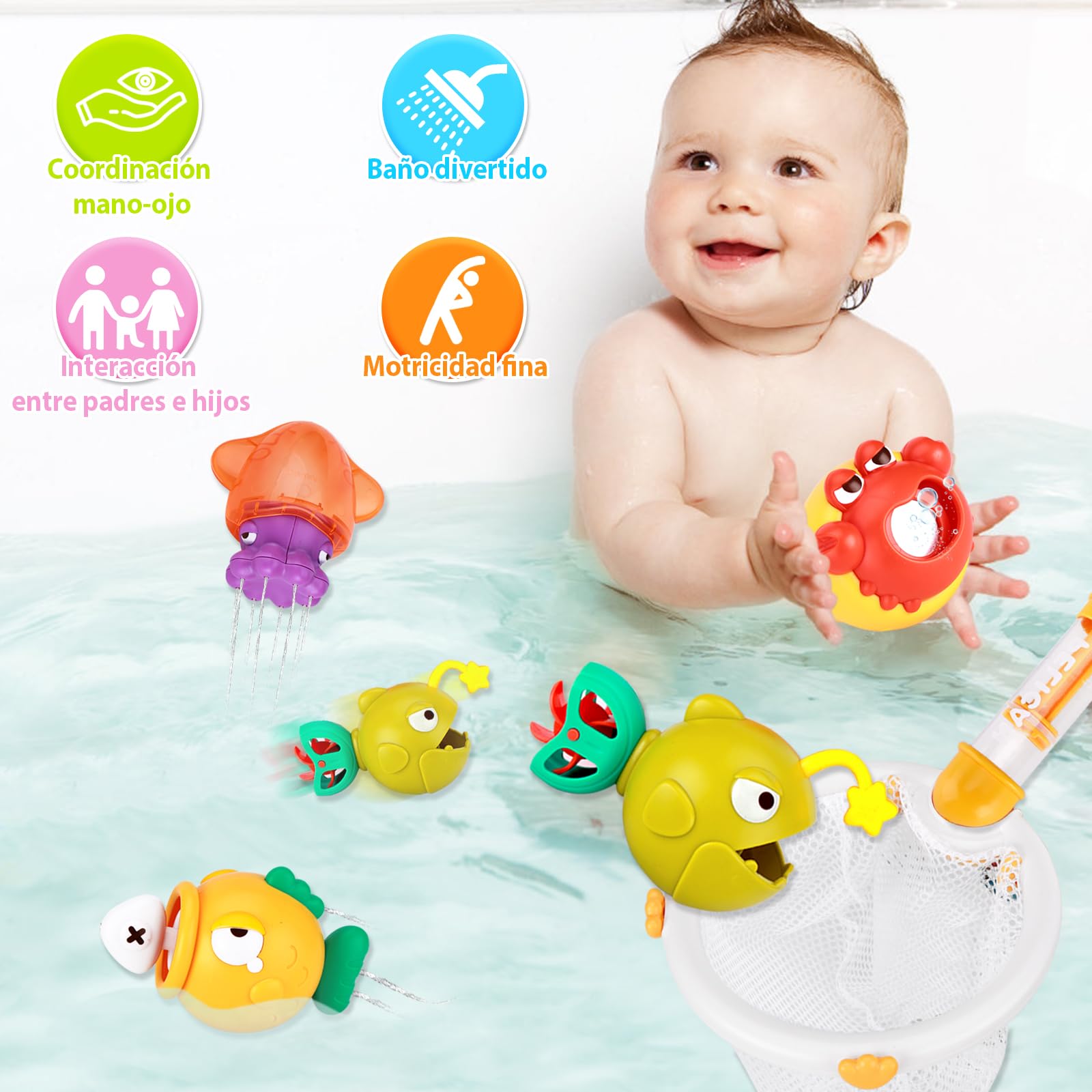 VBACALA Juguetes de Baño Bebe de 1 2 3 Años,Juguete de Bañera Juego de Pesca, Juguetes Baño con Cañas de Pescar Pistolas de Agua Red de Pesca Imán Peces Agua Juguete Niños Juguete Regalo Niña Niño