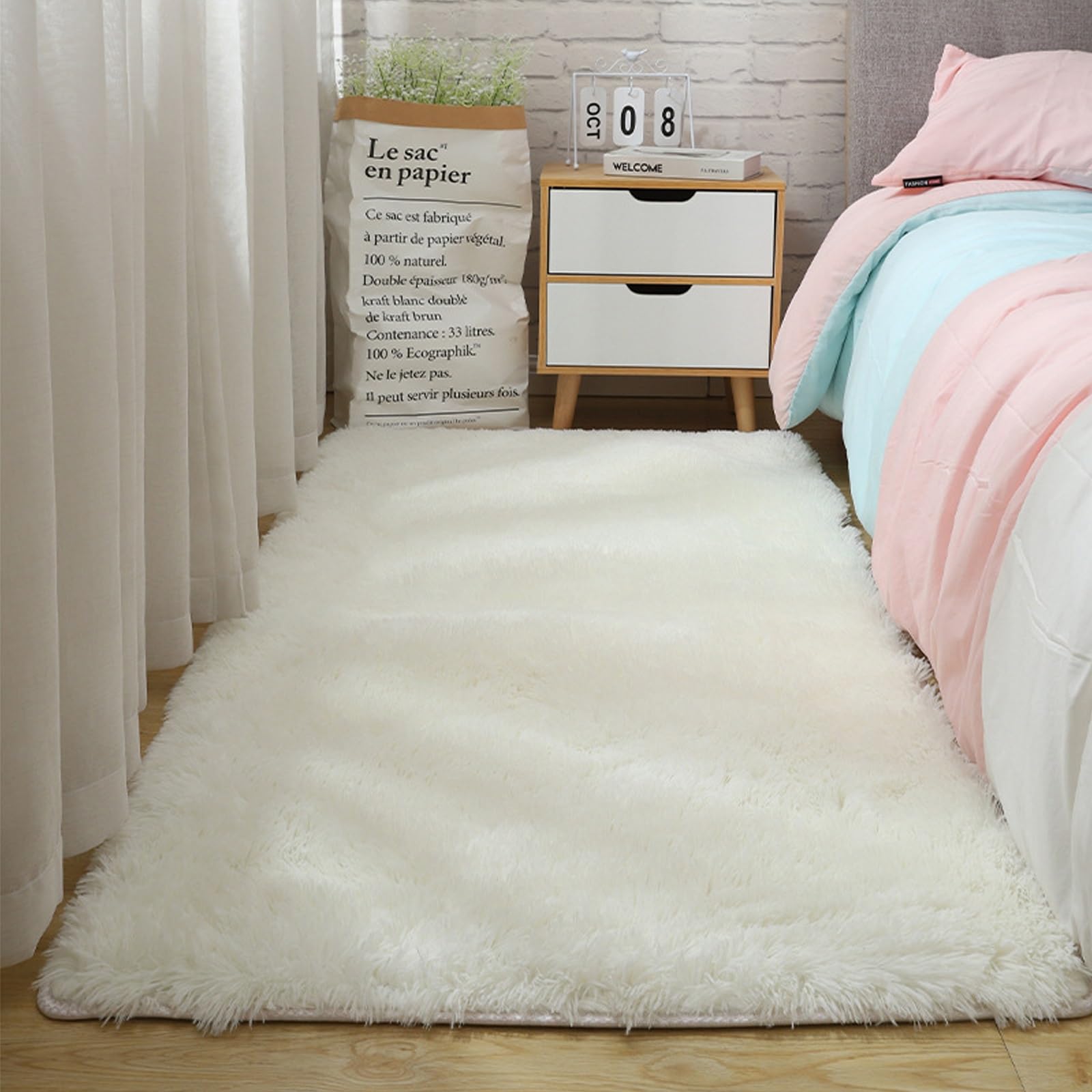YUANWAN Modern Rugs Shaggy Rugs 135 x 190 cm(53 x 75inch) Thick Dense Pile Non Shed Fluffy Area Rugs for Living Room Living Room Area Rugs for Bedroom Kitchen Lounge, White