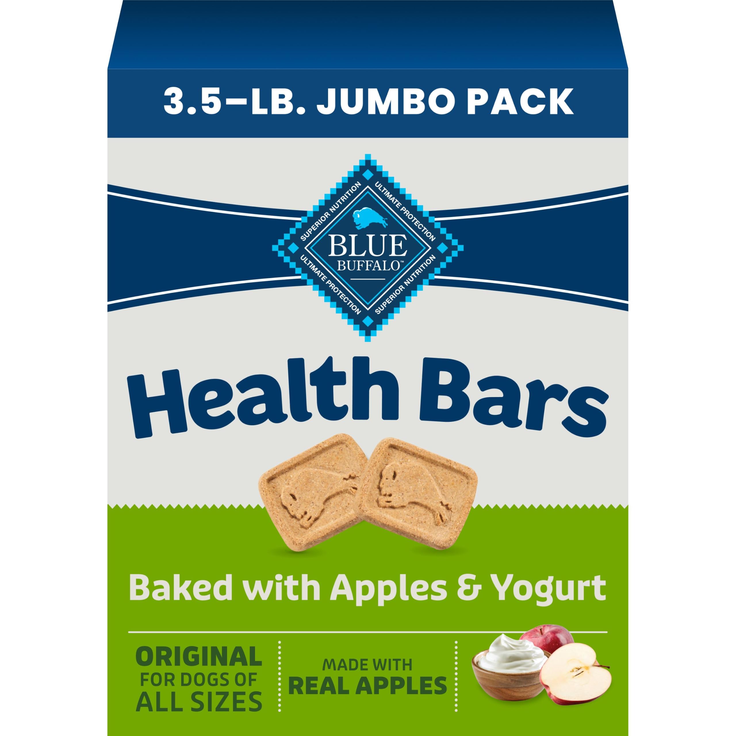 Blue Buffalo Health Bars Apples &amp; Yogurt Crunchy Dog Biscuits, Oven-Baked with Real Apples &amp; Natural Ingredients, Healthy Dog Treats with No Artificial Flavors or Preservatives, Jumbo Box 3.5 lbs.