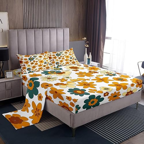 Miniatura 25 de Juego de sábanas retro floral de los 70 de tamaño individual, juego de decoración de cama con flores hippie y hojas con 1 sábana encimera y 1 sábana