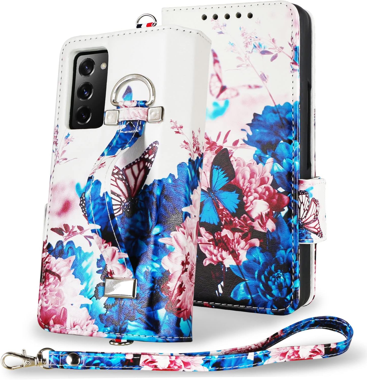 Samgg Case for Galaxy Z Fold 2, Wallet Case with [Finger Grip and Wrist Strap] [Sturdy Kickstand] [RFID Blocking Card Slot], Magnetic Folio Flip Leather Phone Cover for Samsung Z Fold2 (Butterfly 1)