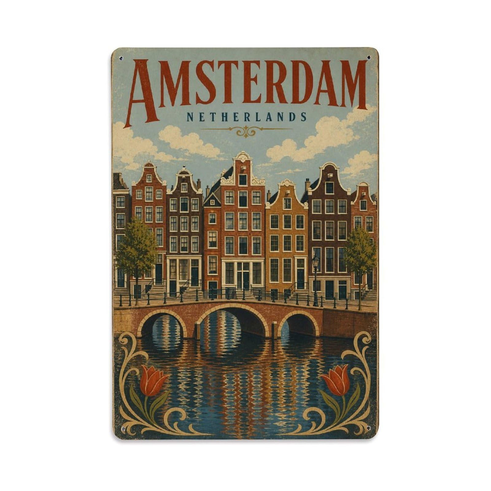 Retro Travel Netherlands Amsterdam Metal Tin Sign Plaque Wall Decor for Cafe, Club Bar, Office, Garden Metal Poster 8x12Inch