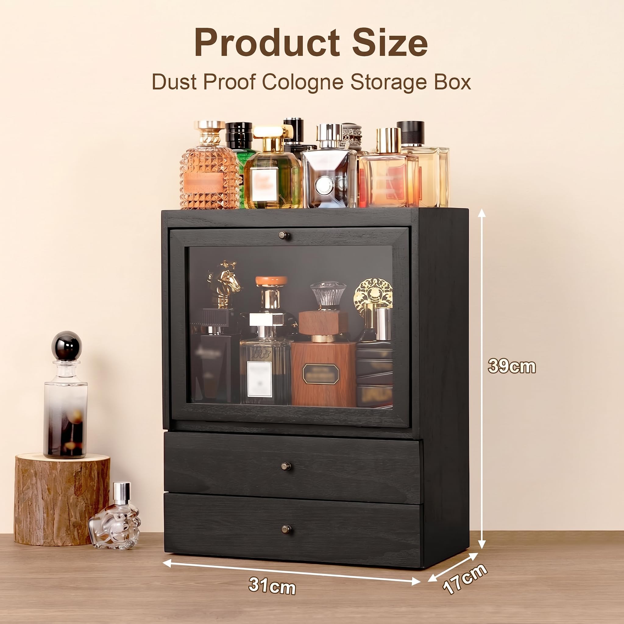 HoldOneLight Organizador de perfume, soporte vertical de madera para perfume, 4 niveles, gran capacidad, a prueba de polvo, con doble cajón, regalo para seres queridos