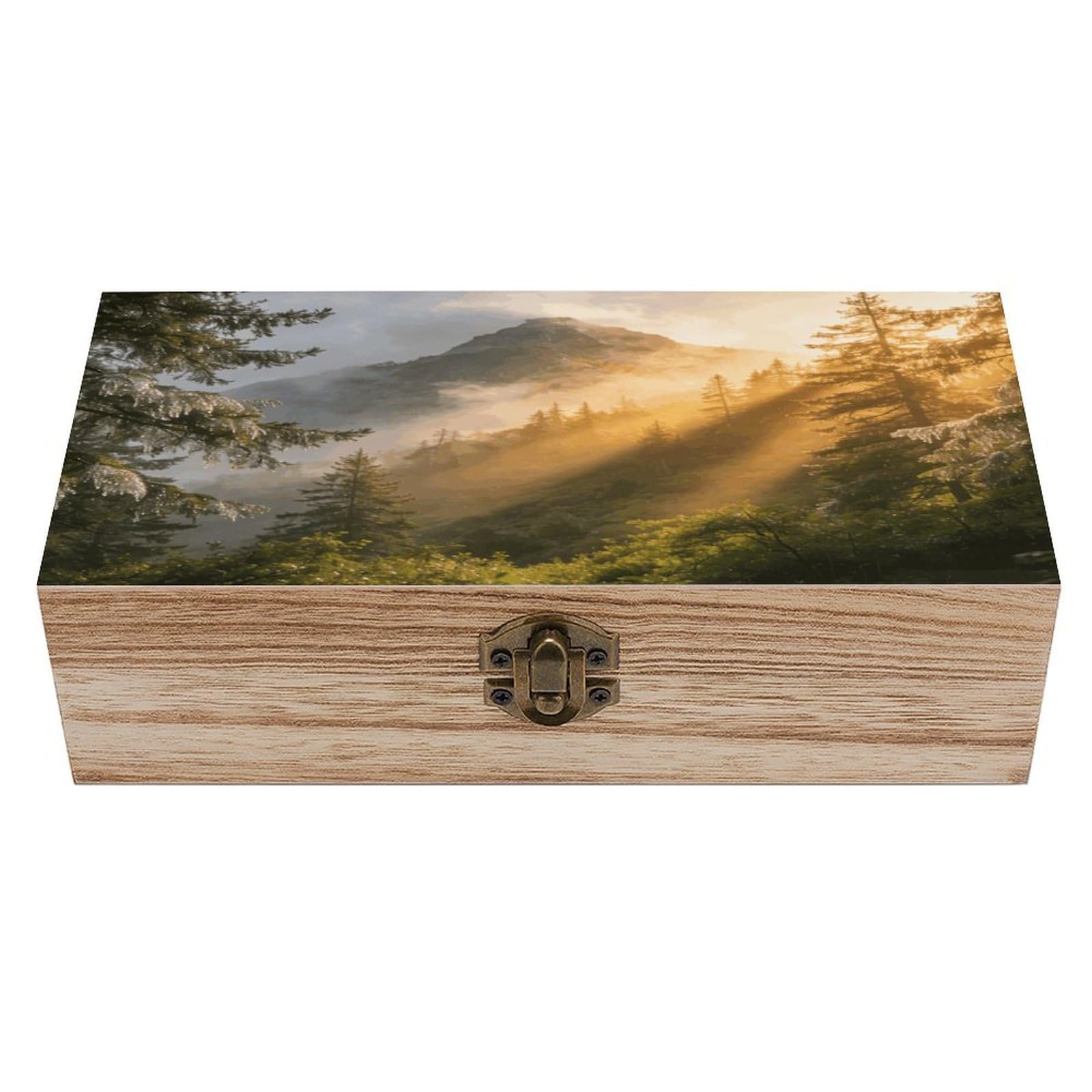 LZQPOEAS Misty Forest Mountain Wooden Keepsake Box Wooden Storage Box Container with Hinged Lid Beautiful Wood Memory Box Decorative Jewelry Case for Crafts Art Hobbies & Trinket Storage