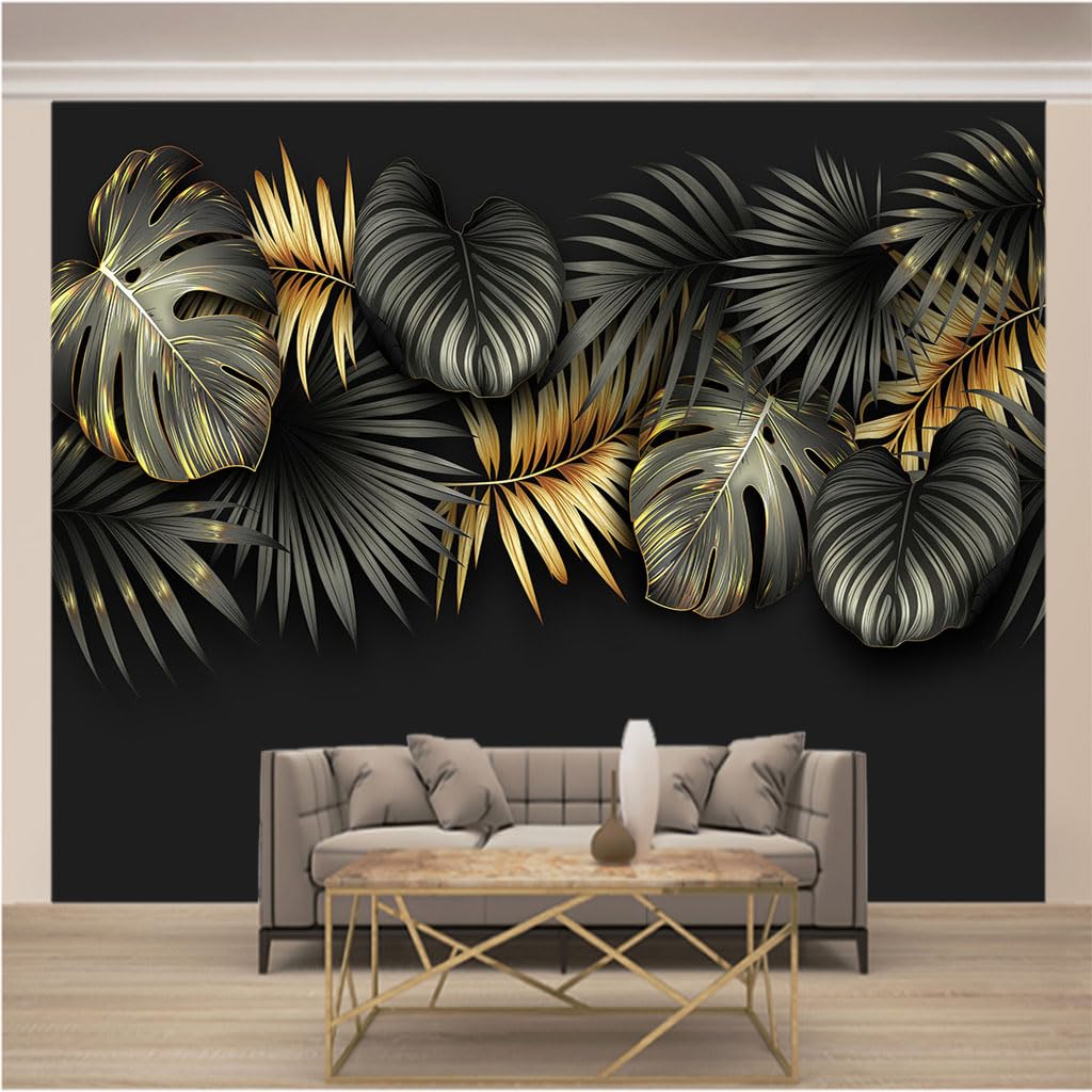 Art papier peint intissé mural moderne feuilles grises effet trompe l'oeil