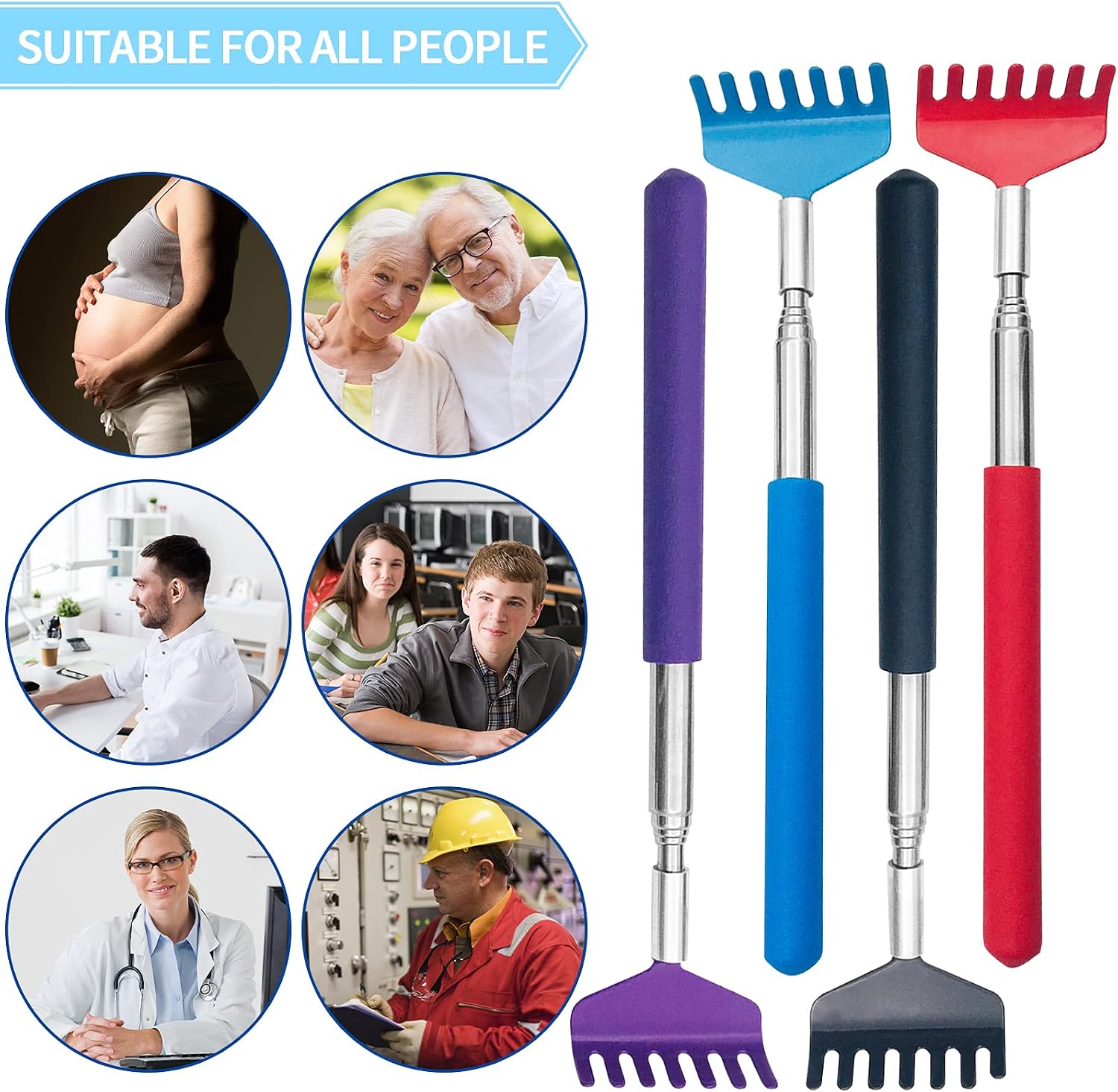 4Pcs Portable Extendable Back Scratcher,Telescoping Back Scratcher for Women,Metal Stainless Massager Backscratchers for Men with Rubber Handle,Scratcher Black Bag Useful Gifts,Red Blue Purple Black
