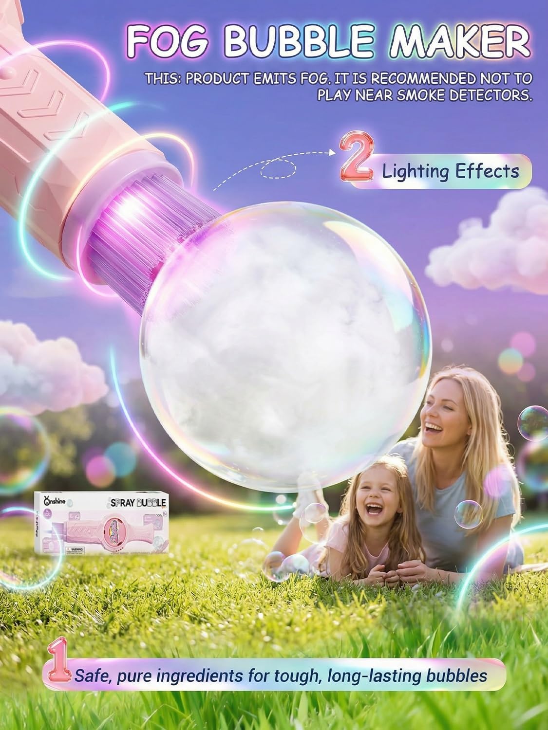 Magic Smoke Bubble Wand and Mist Machine, Fog Bubble Machine with Touchatble Bubbles and Portable Nebulizer with Lights Music, Rechargeable Automatic Electric Maker for Party Outdoor Play(2*Pink)