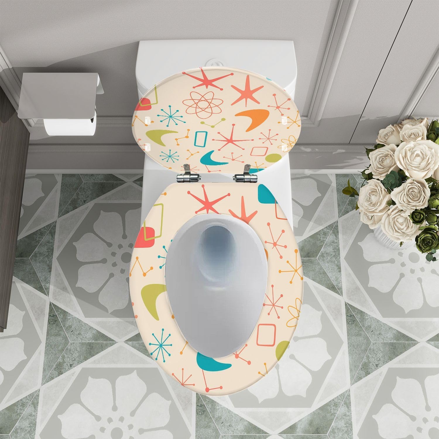 Elongated Toilet Seat Mid Century Modern seamless pattern retro stars orange blue green pink Resin Toilet Seat Quietly Close Quick Release Hinges with Cover Bumpers Decorative Easy to Install Clean