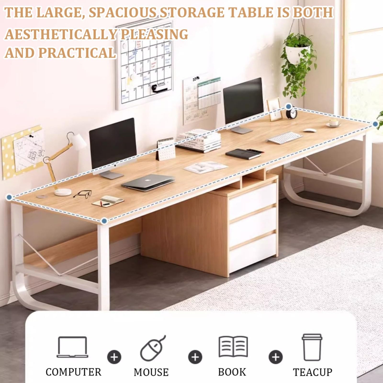 Mesa de Oficina 200/240 X 48 X 73 Cm,Escritorio Doble para Dos Personas con Cajones de Gran Capacidad,Mesa Ordenador con Gestión de Cables y Diseño Moderno para Despacho y Uso en El Hogar C,240CM