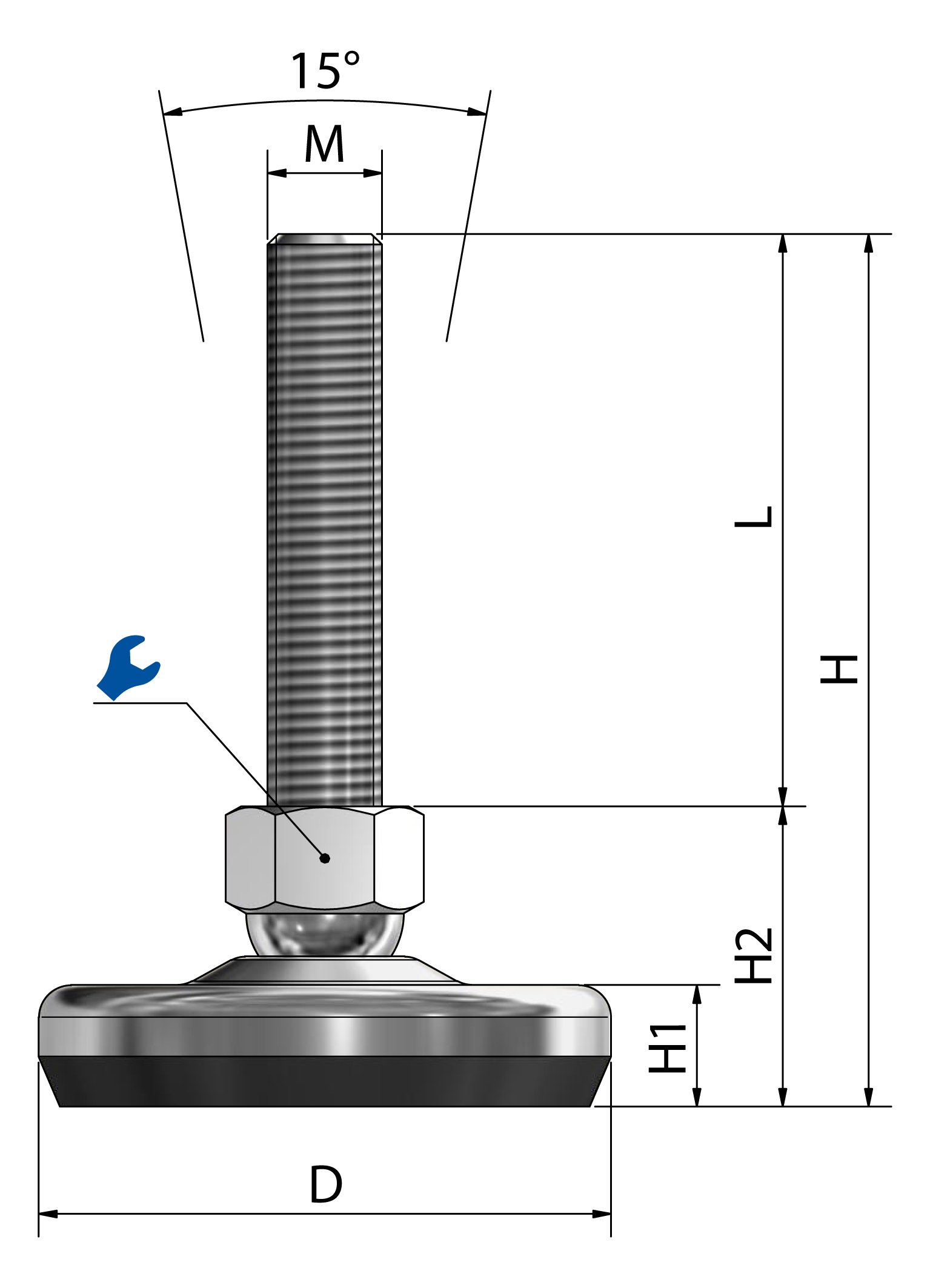 Schwaderer Maschinenfuß/Stellfuß/Nivellierfuß/Gelenkfuß, höhenverstellbar SF 80, Ø 80mm, Gewindegrößen M8-M24x1,5, Stahl verchromt, (M24x1,5x300)