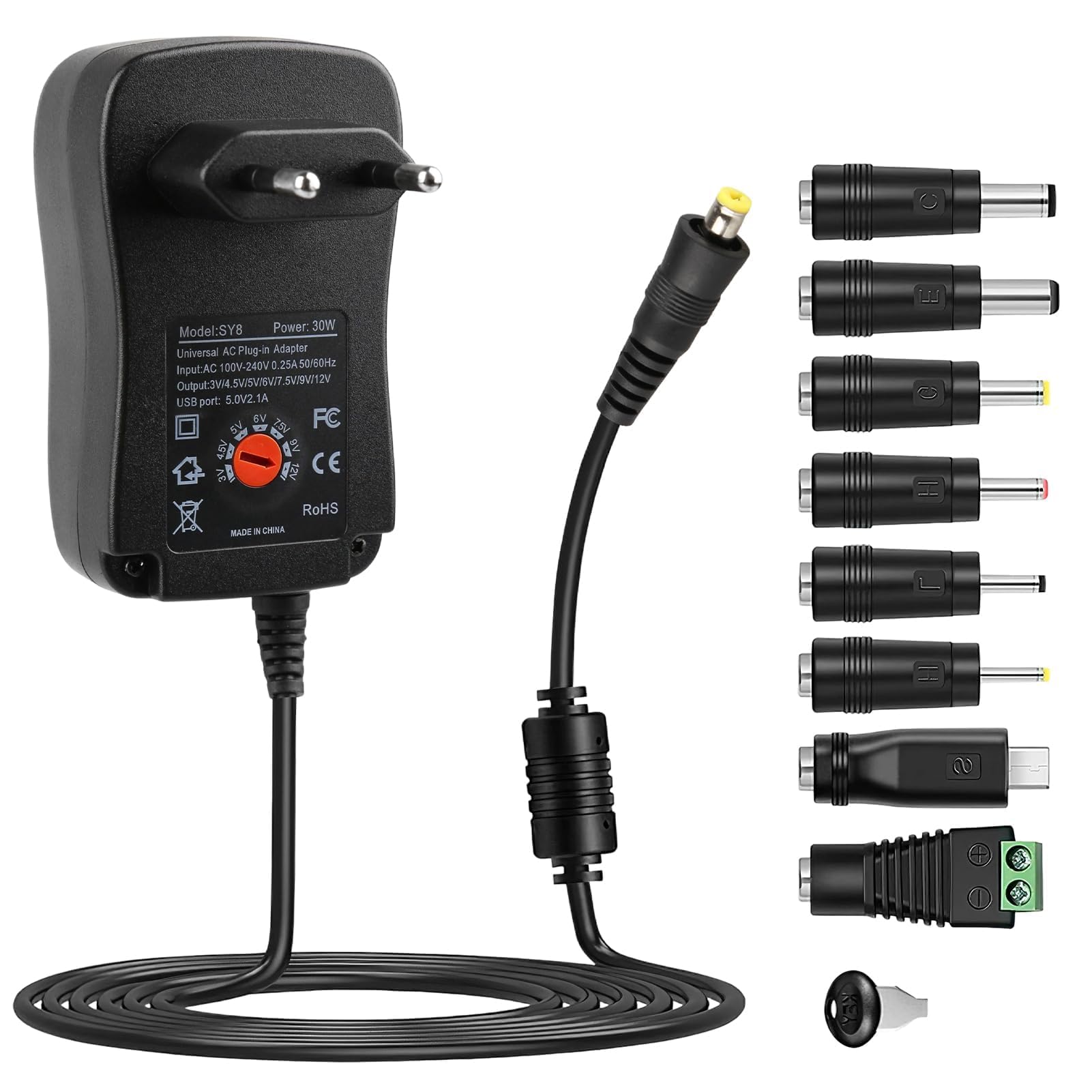 30W Adaptador Universal de 3V 4.5V 5V 6V 7.5V 9V 12V 2A AC/DC, Cargador Universal 30W 12V, 8 Puntas para Adaptador Corriente 30W Universal, Fuente-Adaptadora con Voltaje Múltiple para Router LCD
