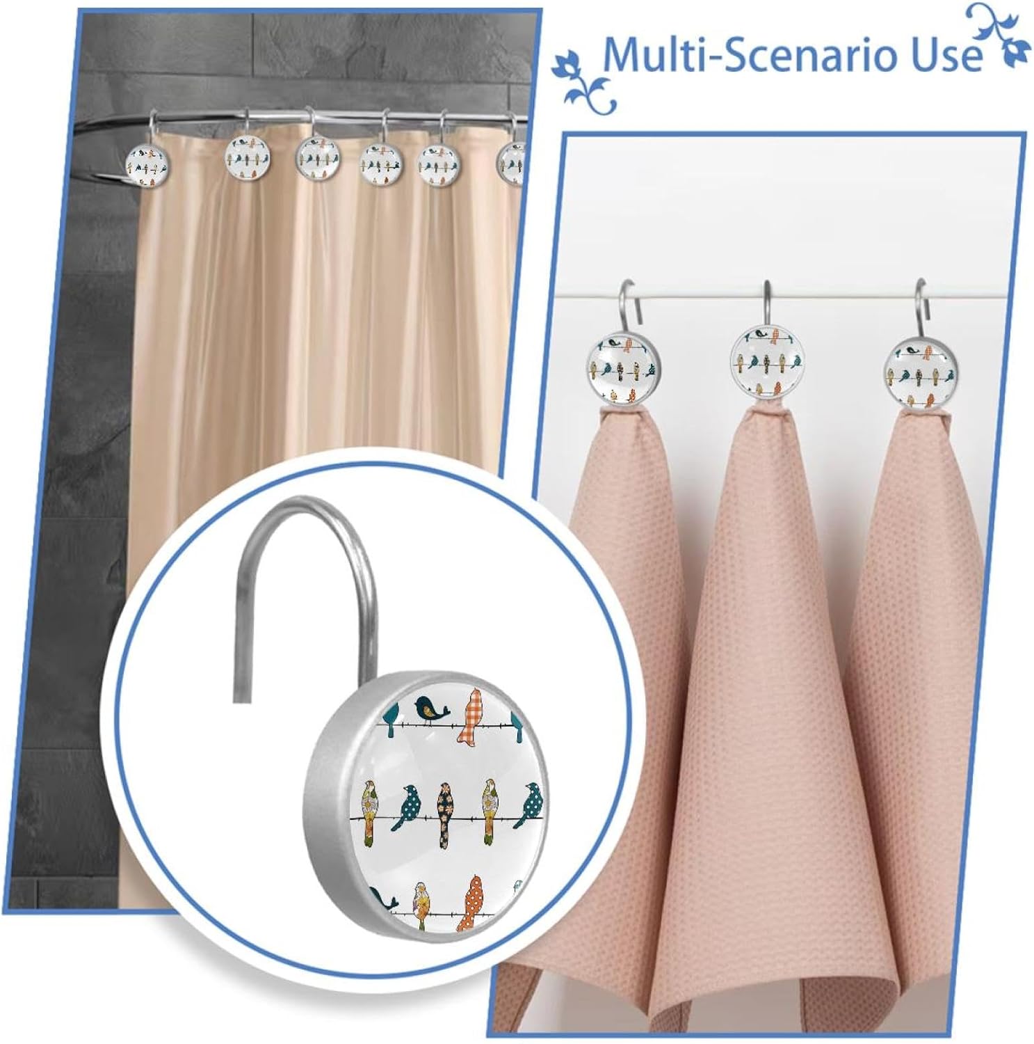 Rowley Birds Floral Pattern Decorative Shower Curtain Hooks Rings Set of 12 Hooks for Shower Curtain Rustproof Curtain Rings for Bathroom