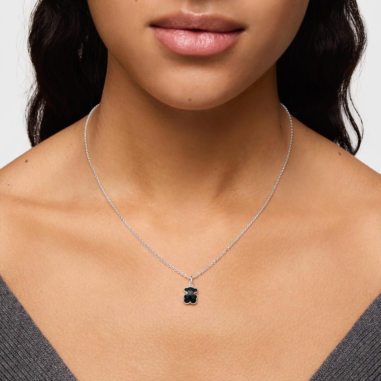 TOUS Collar Corto para Mujer de Plata de Primera Ley y Motivo Oso En Ónix, Colección Icon Color