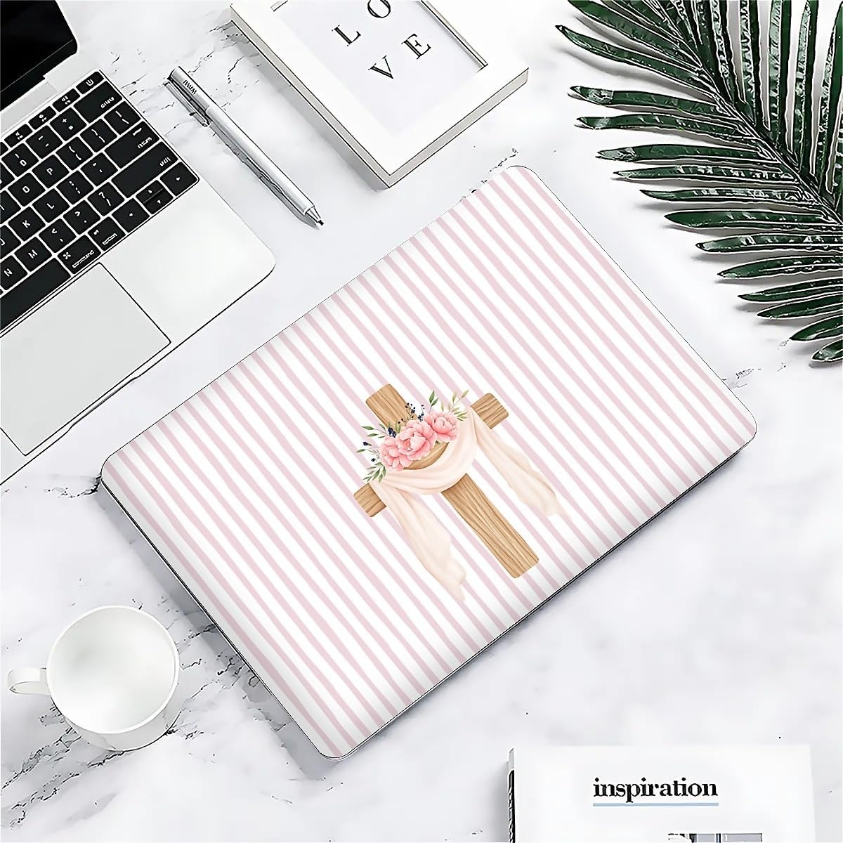 for MacBook Air 13 Inch Release 2022/2025 Model A2681/A3240 M2/M4 Chip Black Computer Case,Novelty Premium Pattern Hardshell Laptop Case Floral Cross On Pink Stripes