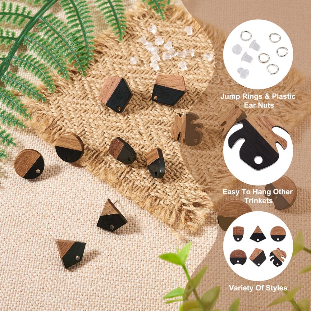 Fashewelry 30pcs Flat Wood Earring Studs - Mixed Shapes For DIY Jewelry Making