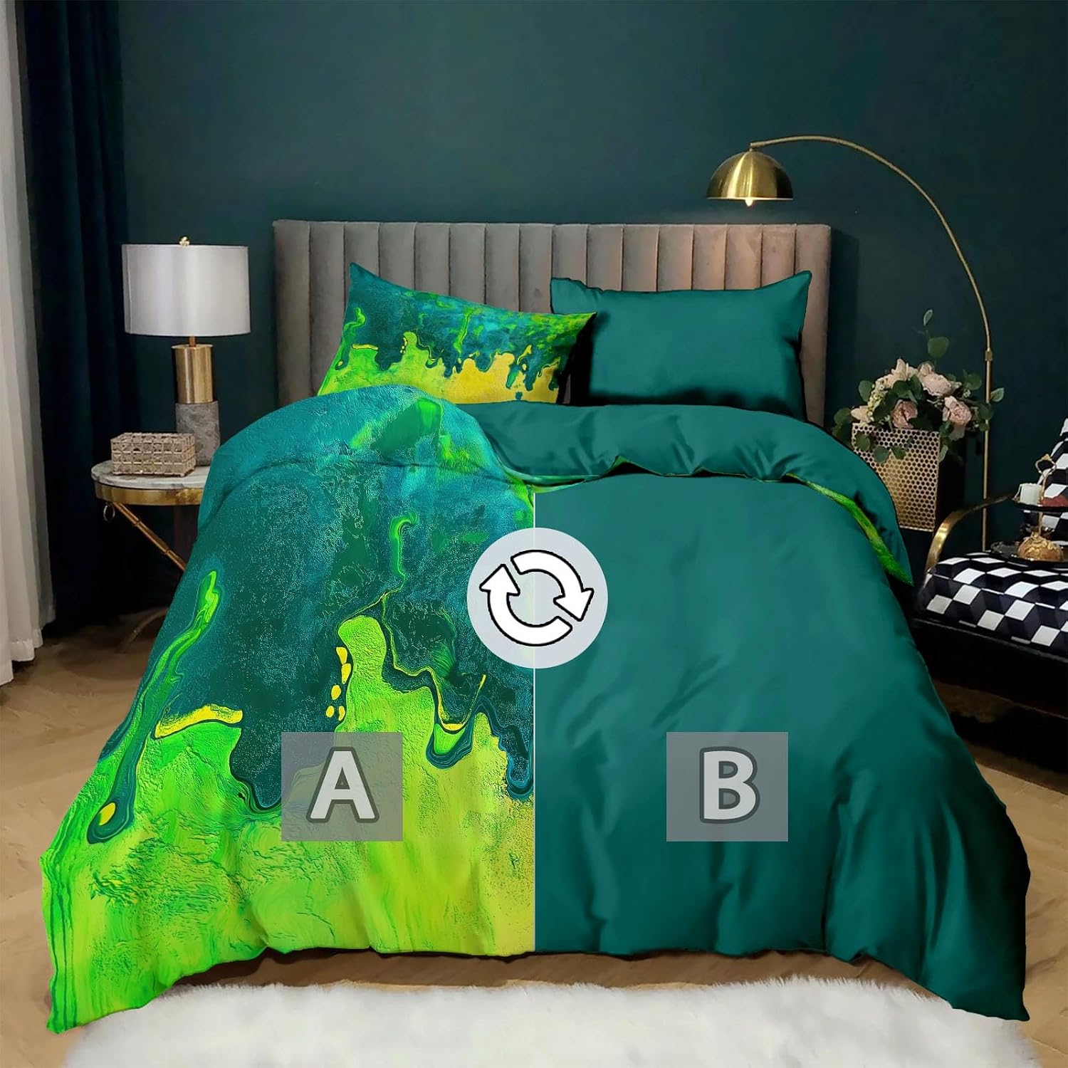 3Pcs Doodle Street Art Duvet Cover King Bedding Sets, Dark Green Soft Microfiber Quilt Cover, 2 Pillow Cases for Boys Girls Toddler Kids Bedding