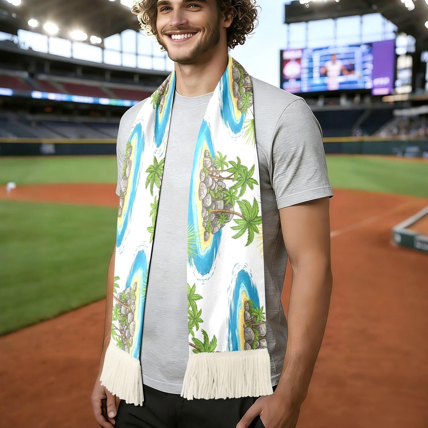 CHIFIGNO Tropical Islands White Sports Fan Scarf Polyester, Soft Soccer Scarf with Tassel, Quick Dry, Supporter Cheers Towel, Custom Print