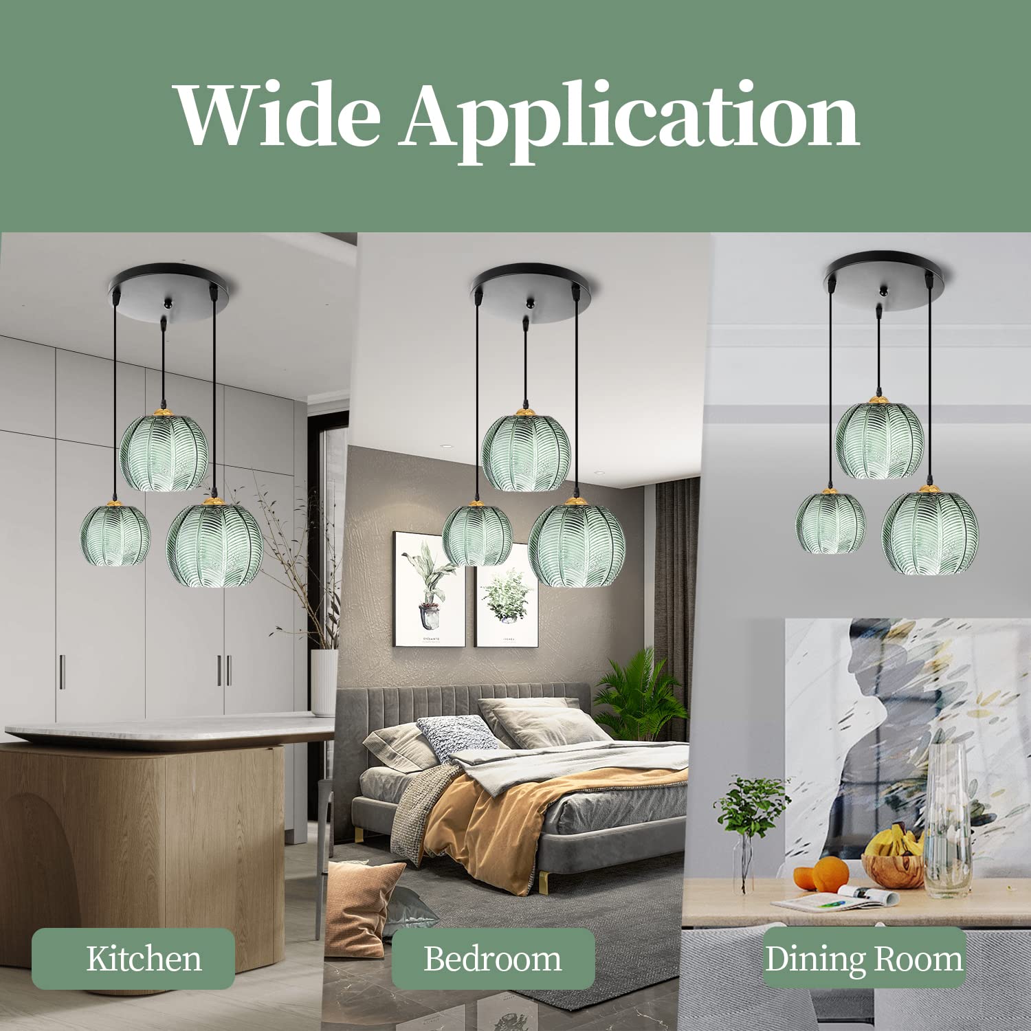 Lampy wiszące, 3-punktowe, klosz żebrowany, lampa wisząca z regulowanym przewodem, trzonek żarówki E27, nowoczesna lampa wisząca w kształcie szklanej kuli