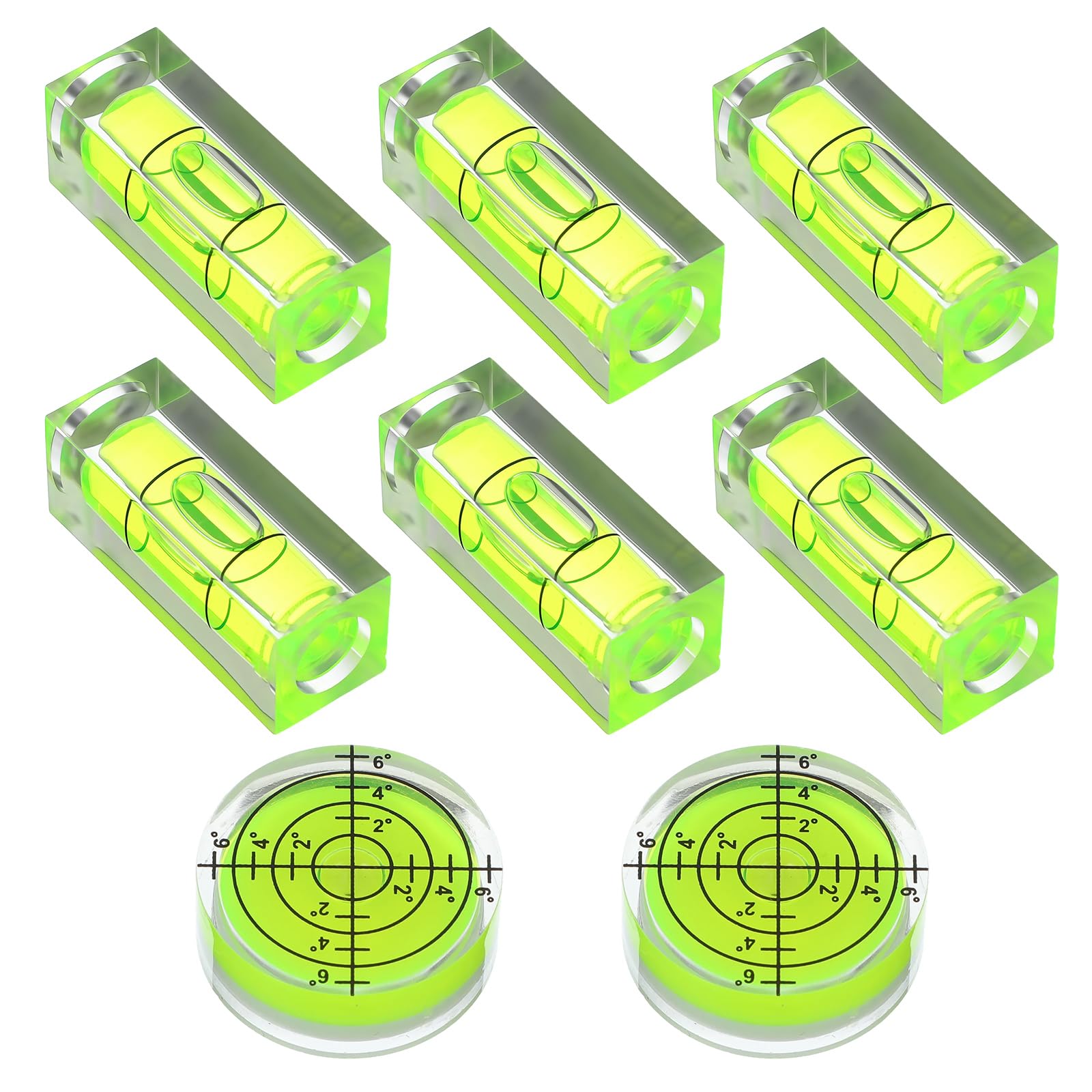 8 Pcs Small Bubble Spirit Level Set Mini Magnetic Square Circular Spirit Measuring Tool for Leveling Phonograph Camera Phonograph Turntable Tripod Frame Drill 1.57x0.59 in & 1.25x0.47in Green Acrylic