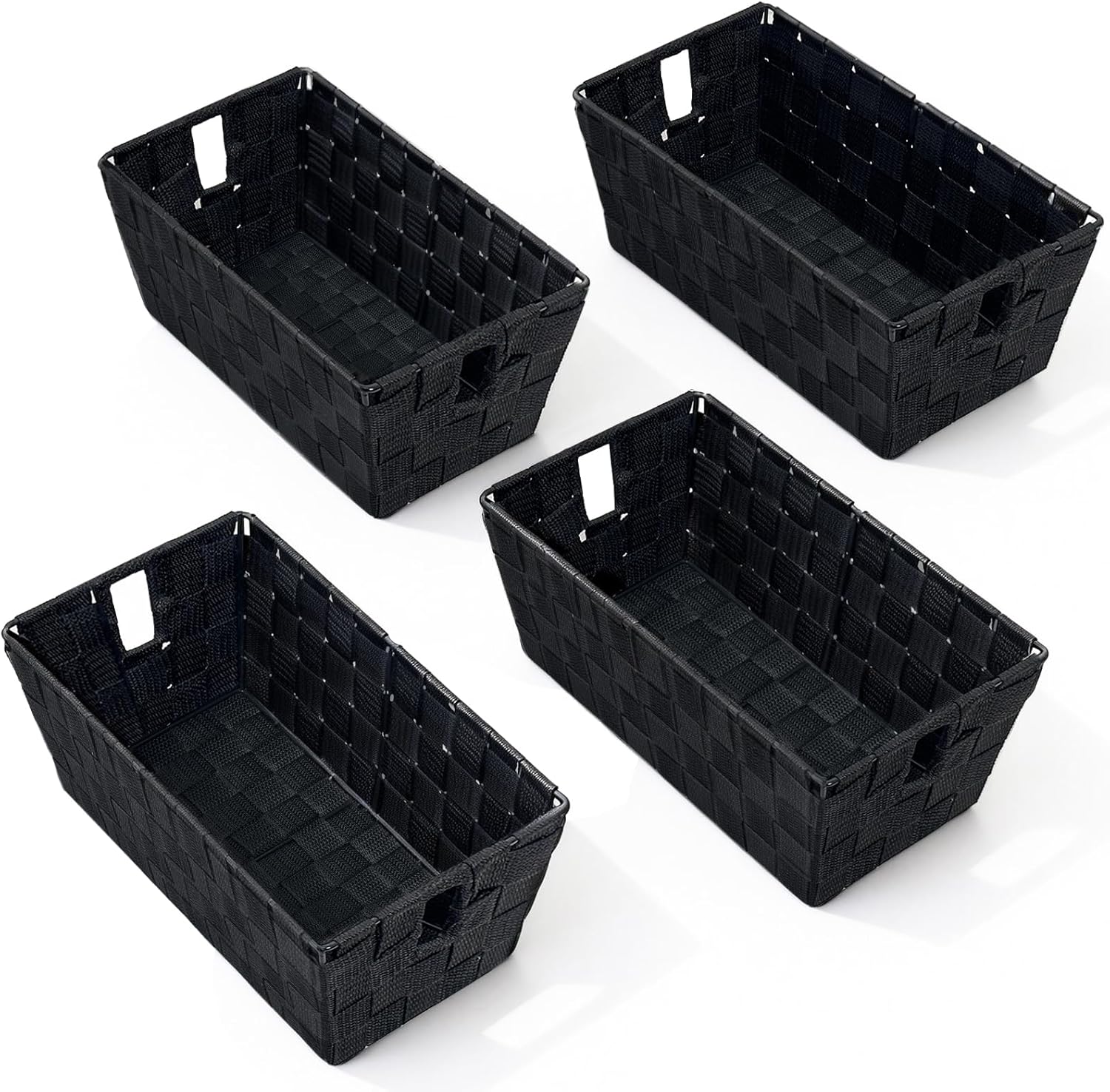 homyfort Black Storage Baskets for Shelves, Woven Shelf Baskets for Organizing, Small Strap Organizer Basket for Bathroom Storage, Set of 4