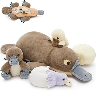 Tezituor 21" Platypus Stuffed Animal with 3 Babies & 2 Eggs, Cute Realistic Platypus Plush Toys for Kids, Christmas, Easter, Birthday, Party and Decorations