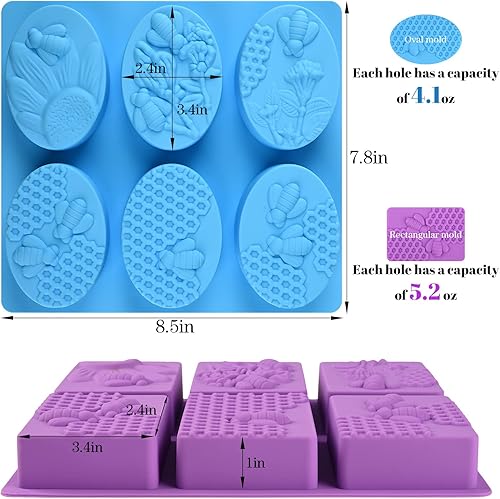 Miniatura 2 de Sakolla Paquete de 2 moldes de silicona para jabón de abeja de cavidad, moldes rectangulares ovalados de silicona para pan, moldes hechos a mano