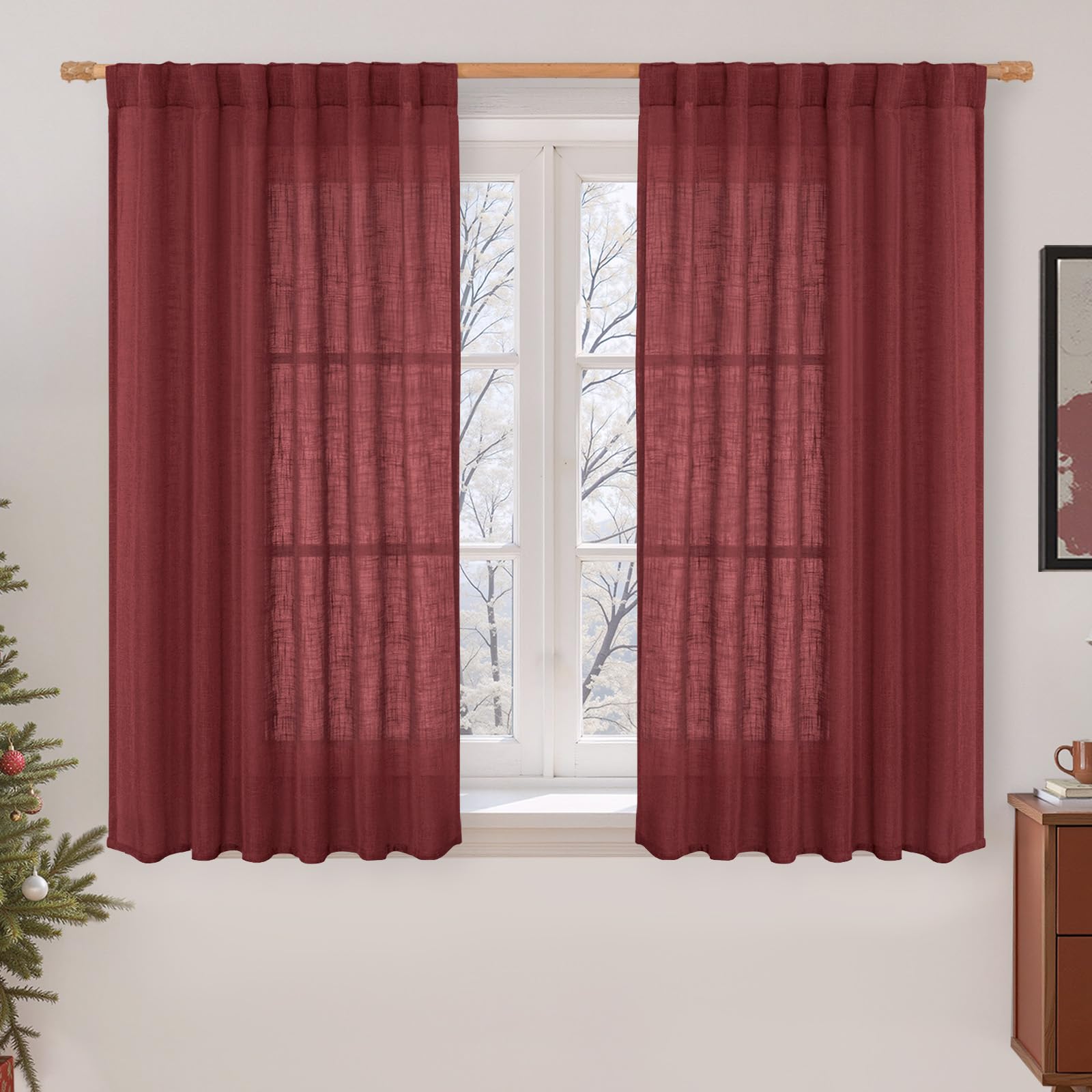 LAMIT Semi Sheer Linen Curtains 45 Inches Long, Light Filtering Panels Back Tab and Rod Pocket Christmas Decor Drapes for Farmhouse/Window/Bedroom, Burgundy Red, 2 Panels, 52 x 45 Inch — image 1