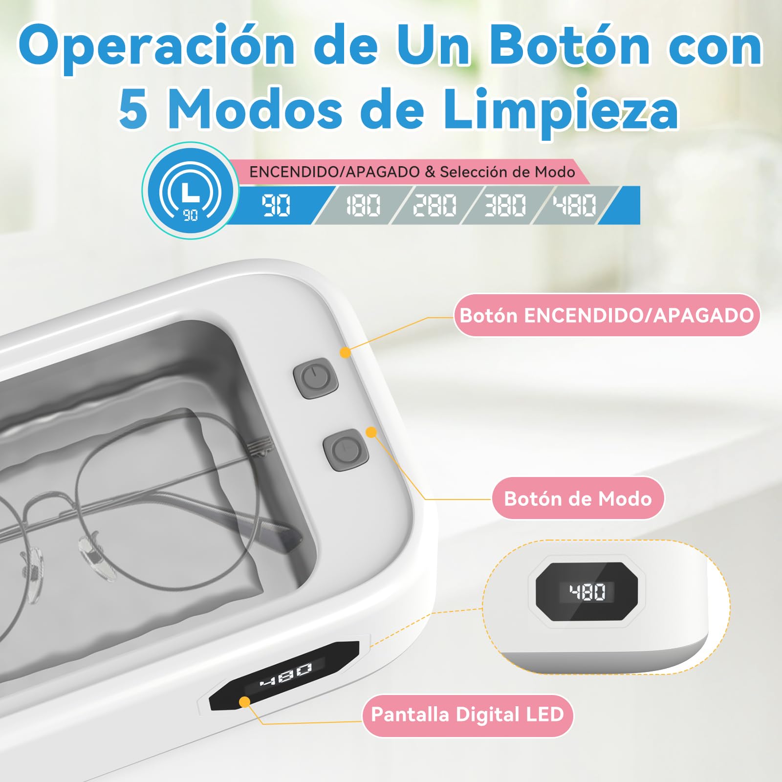 limpiador ultrasonidos 49kHz 640ml, ultrasonic cleaner digital 5 modos | portátil ultrasonidos limpieza para gafas, joyas, dentaduras