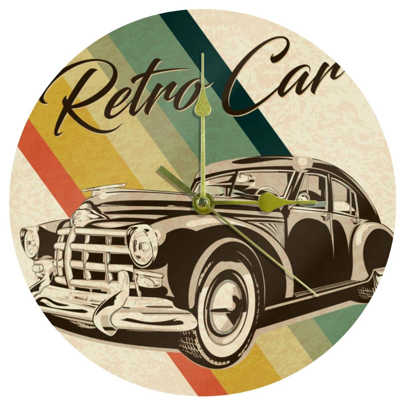 Horloge murale vintage silencieuse sans tic-tac en acrylique motif voiture rétro de 24 cm