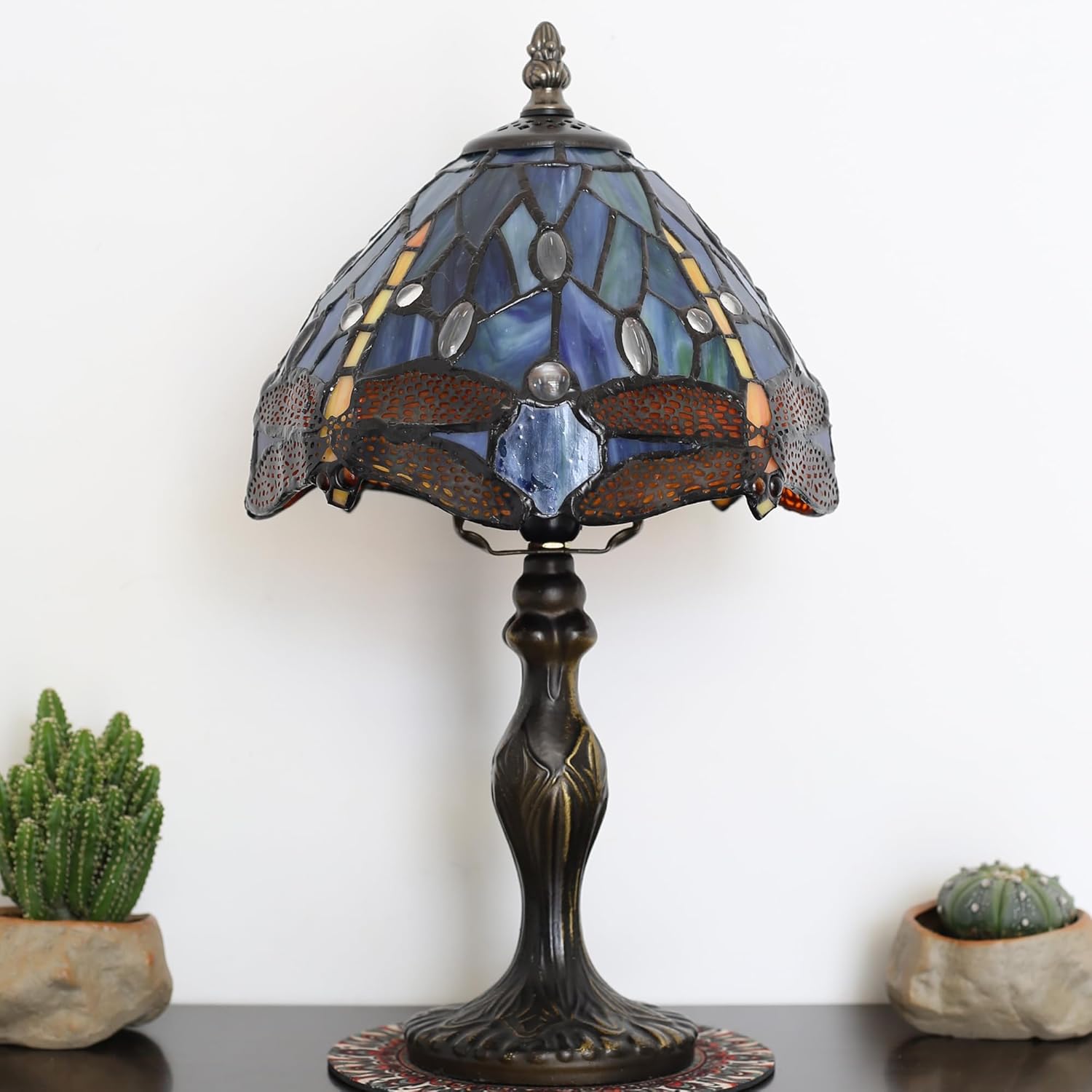 Tiffany Style Lamp Stained Glass Table Lamp 8 x 14.5 Mini Accent Light Blue Dragonfly Design Small Decorative Bedside Reading Memory Lamp