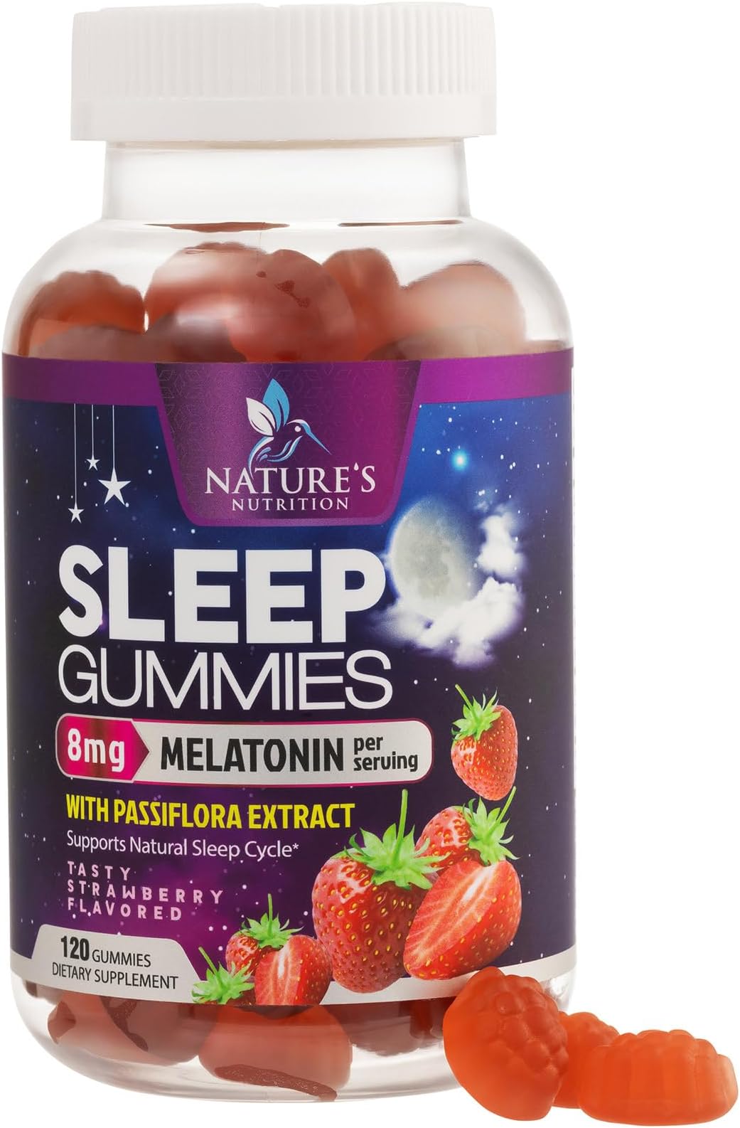 Sleep Gummies - 8mg Melatonin Per Serving - With Passiflora Extract for Restful Sleep - Fast Acting Melatonin Sleep Gummy Supplement for Adults, Vegan, Non-GMO, Tasty Strawberry Flavor - 120 Gummies