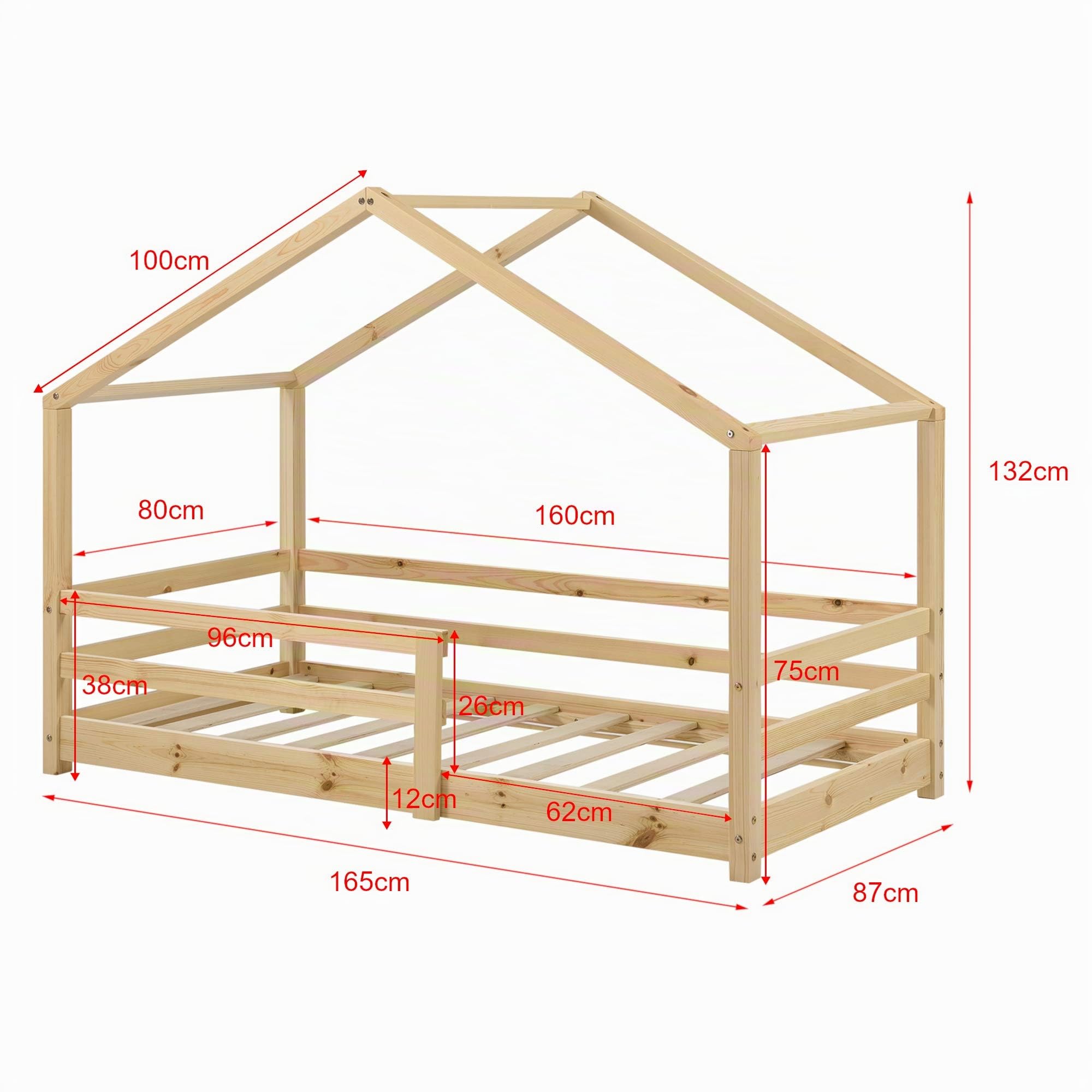 [en.casa] Letto per Cameretta a Forma di Casetta Letto per Bambini con Barriere di Sicurezza 80 x 160 cm Struttura in Legno di Pino con Sponde - Naturale