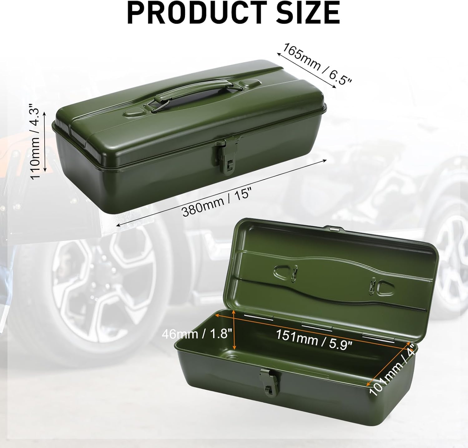 HARFINGTON Portable Steel Tool Box, 14.6" x 6.1" x 3.0" with Handle Metal Latch Trunk Tool Storage Box Metal Organizer Mountain Toolbox for Garage Warehouse Workshop Household, Light Green