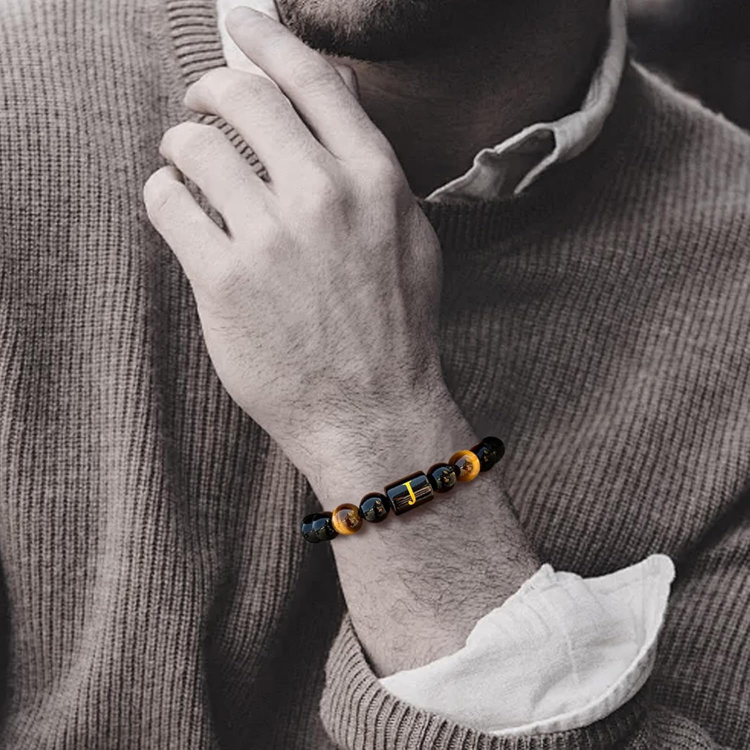 Letter Initial Letter A-Z Bracelet for Men Teens Handmade Natural Black Onyx Tiger Eye Stone Bead Bracelet Meaningful Gift Birthday Anniversary - Image 2